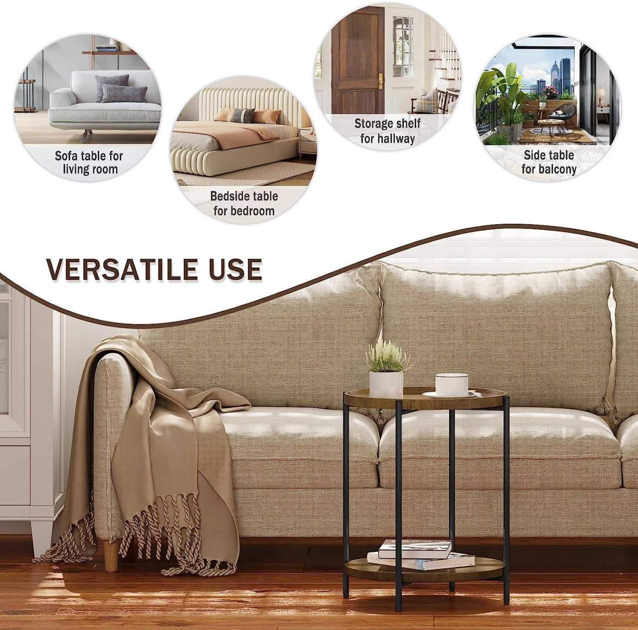 24goodz Round Coffee Table with 2 Shelves - Detachable Table Top - Sturdy Metal Frame - MDF + Metal - Vintage Wood Grain - 43.2 x 49.5 x 43.2 cm
