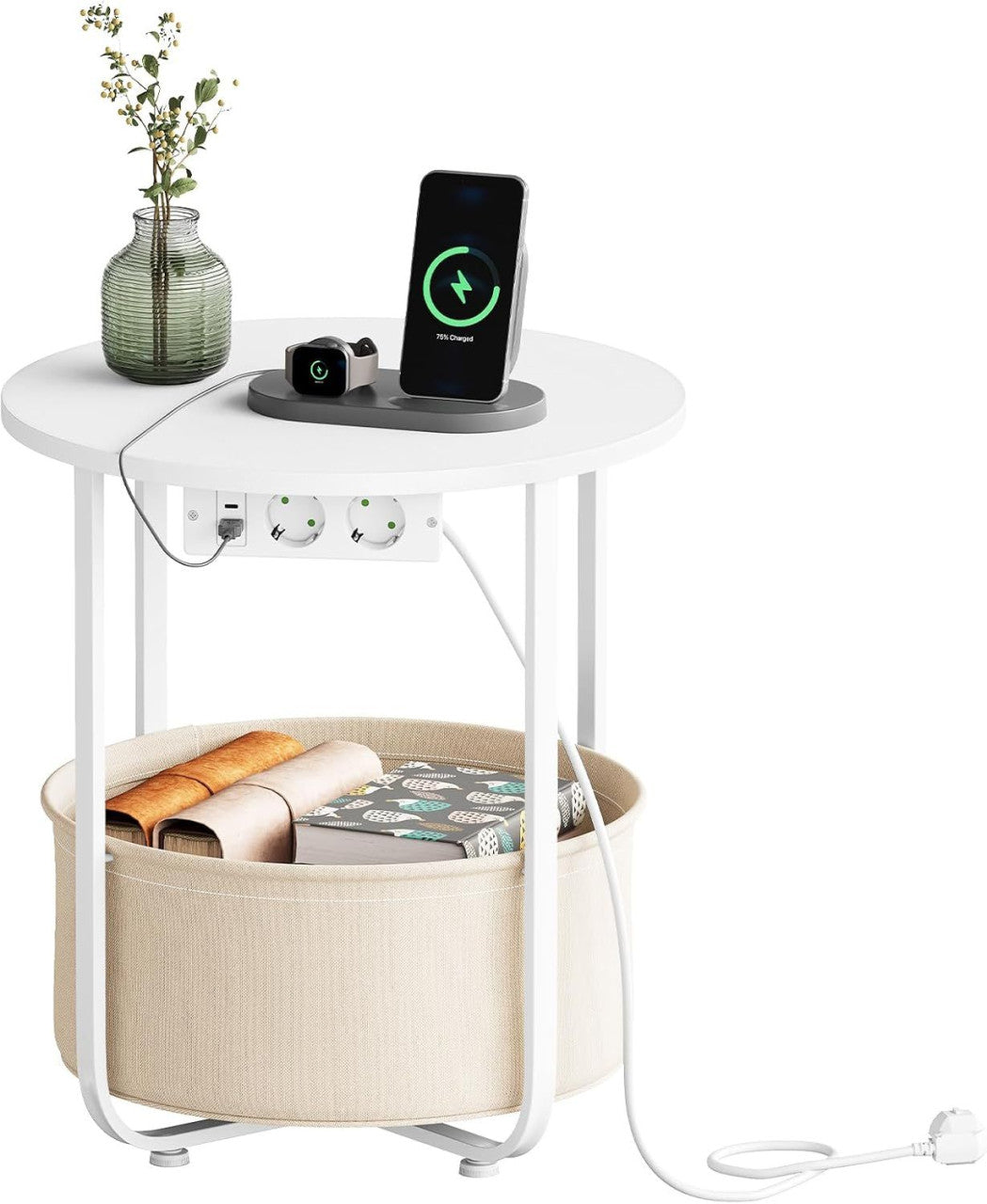 24goodz Round Coffee Table with Charging Function and Removable Basket - Space-Saving Design - MDF - For Living Room and Bedroom - White + Beige