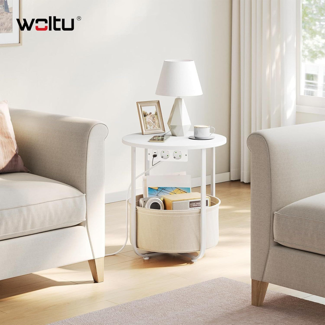 24goodz Round Coffee Table with Charging Function and Removable Basket - Space-Saving Design - MDF - For Living Room and Bedroom - White + Beige