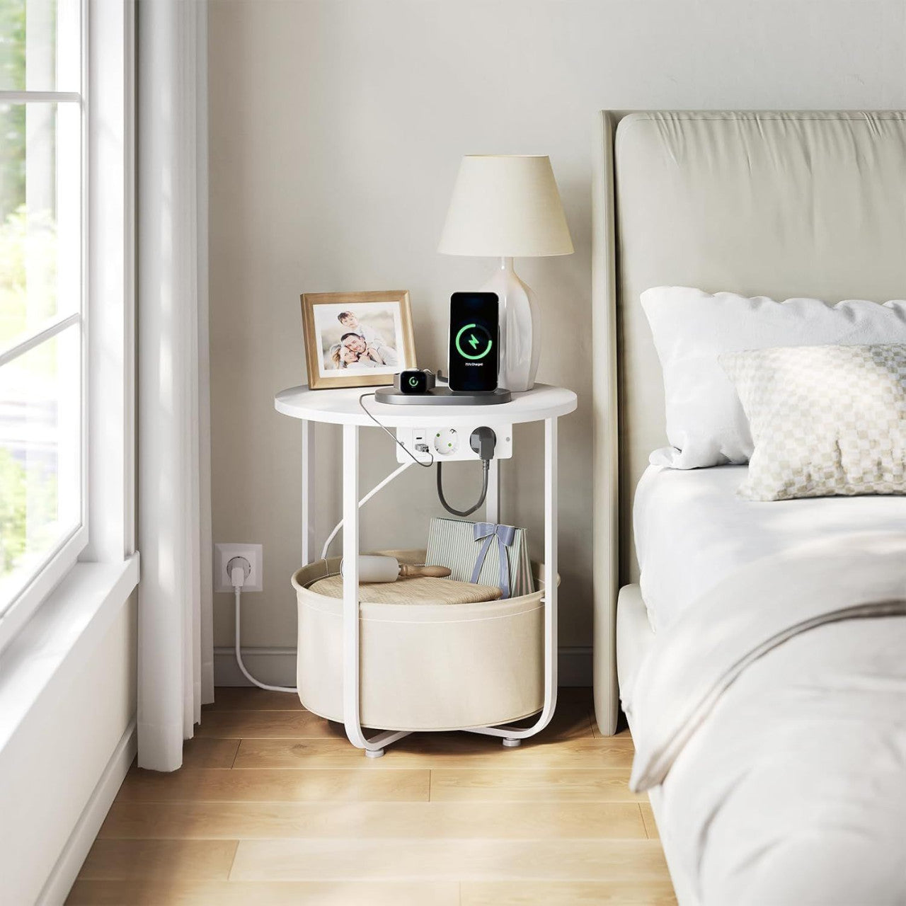 24goodz Round Coffee Table with Charging Function and Removable Basket - Space-Saving Design - MDF - For Living Room and Bedroom - White + Beige