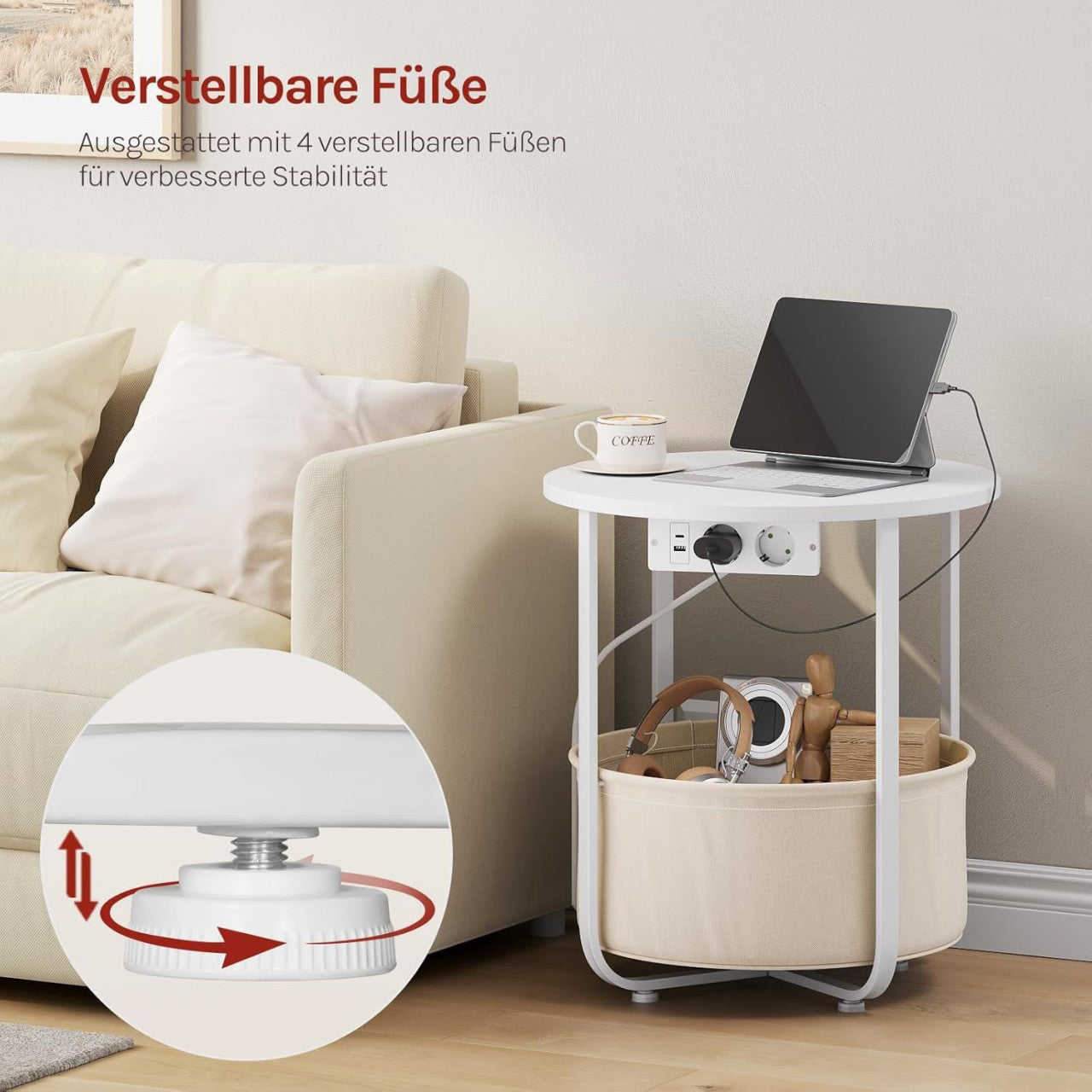 24goodz Round Coffee Table with Charging Function and Removable Basket - Space-Saving Design - MDF - For Living Room and Bedroom - White + Beige