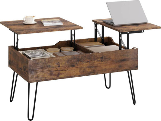 24goodz Lift-Top Coffee Table - Elegant Design - Ample Hidden Storage - Wood and Metal - Vintage Brown - 90x45x50 cm