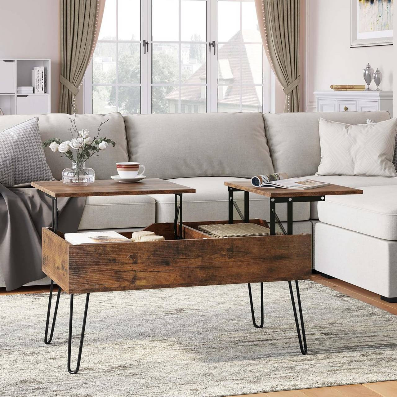 24goodz Lift-Top Coffee Table - Elegant Design - Ample Hidden Storage - Wood and Metal - Vintage Brown - 90x45x50 cm