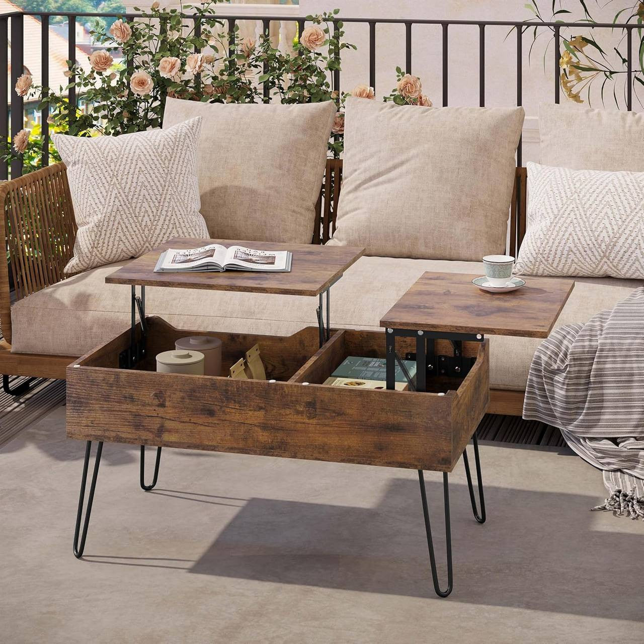 24goodz Lift-Top Coffee Table - Elegant Design - Ample Hidden Storage - Wood and Metal - Vintage Brown - 90x45x50 cm