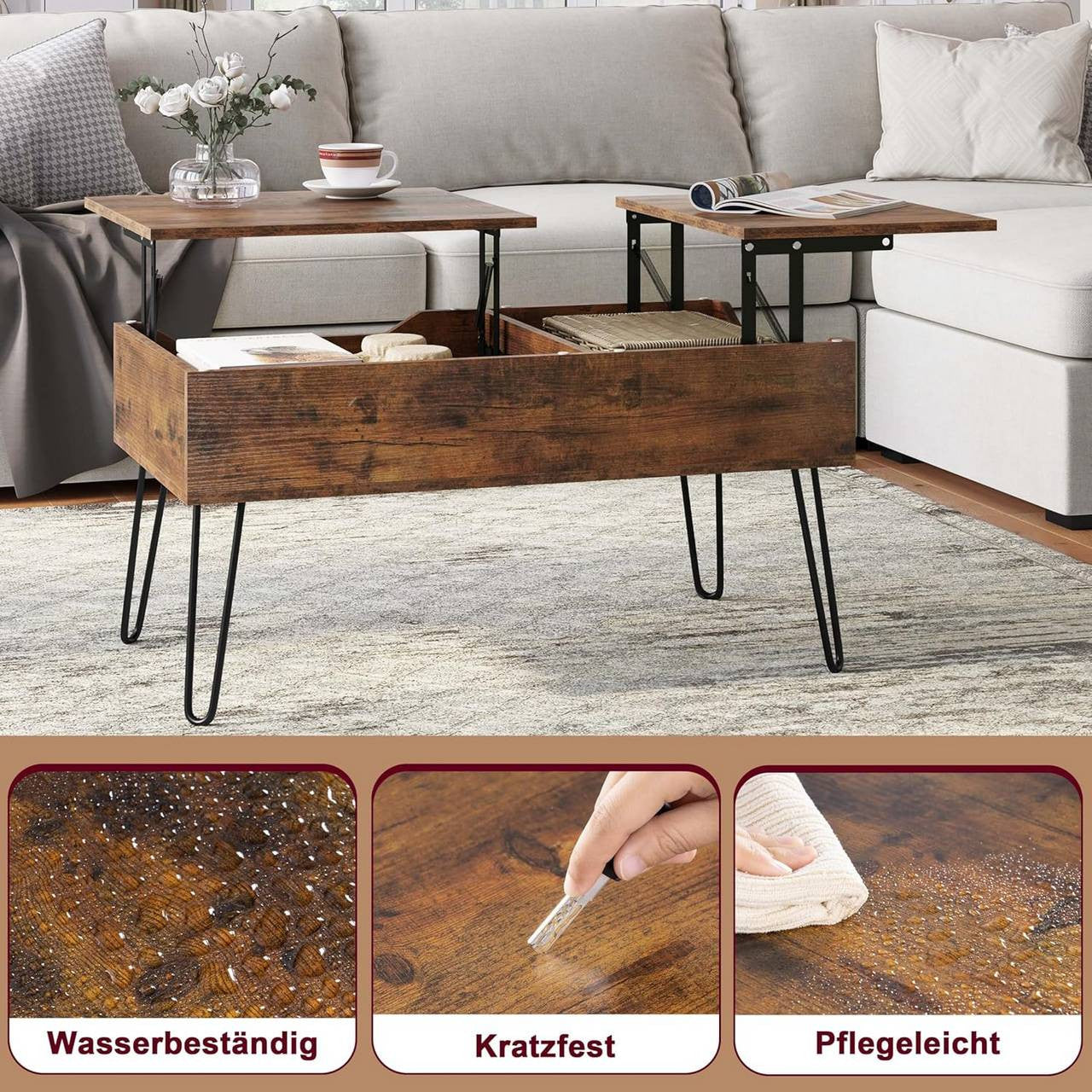 24goodz Lift-Top Coffee Table - Elegant Design - Ample Hidden Storage - Wood and Metal - Vintage Brown - 90x45x50 cm