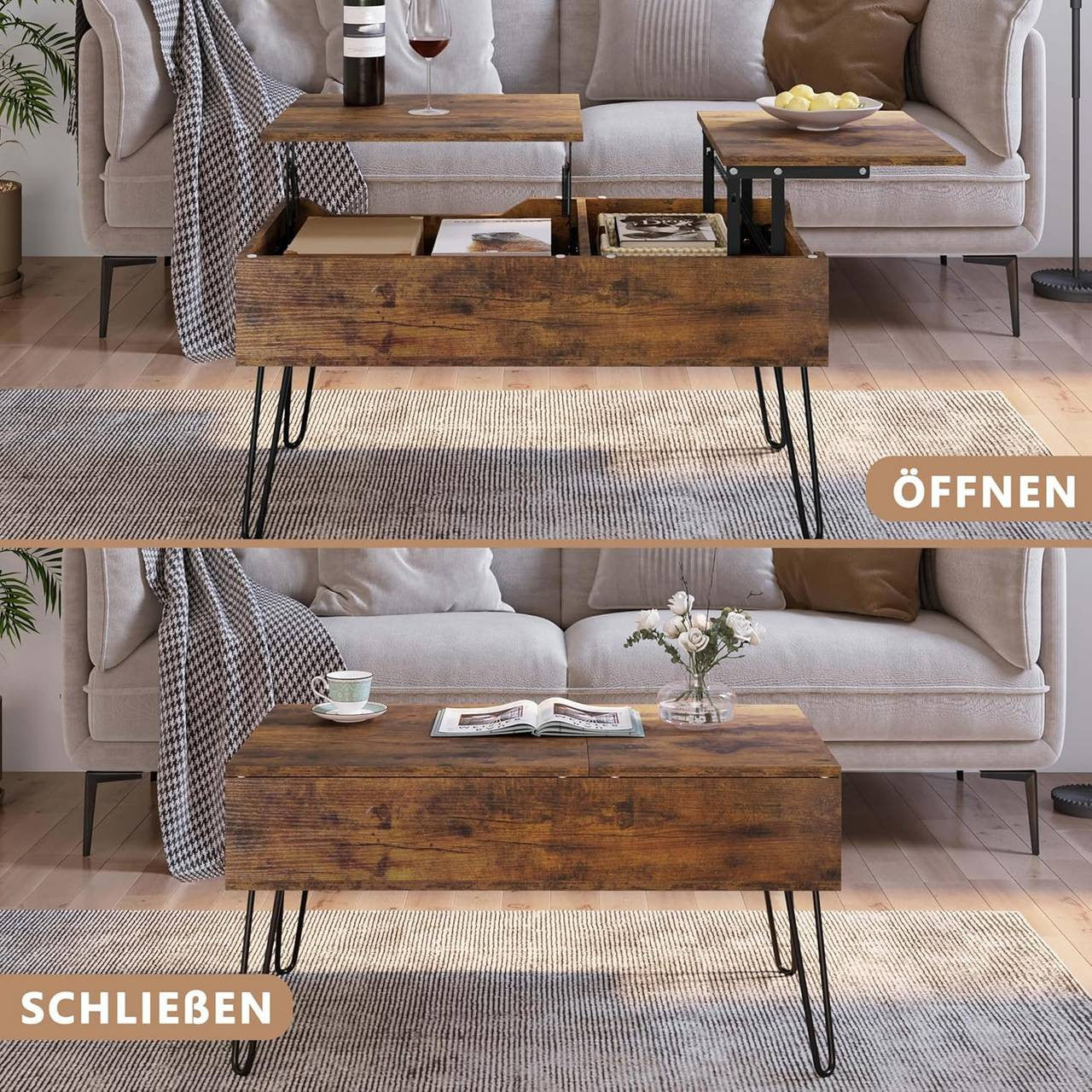 24goodz Lift-Top Coffee Table - Elegant Design - Ample Hidden Storage - Wood and Metal - Vintage Brown - 90x45x50 cm