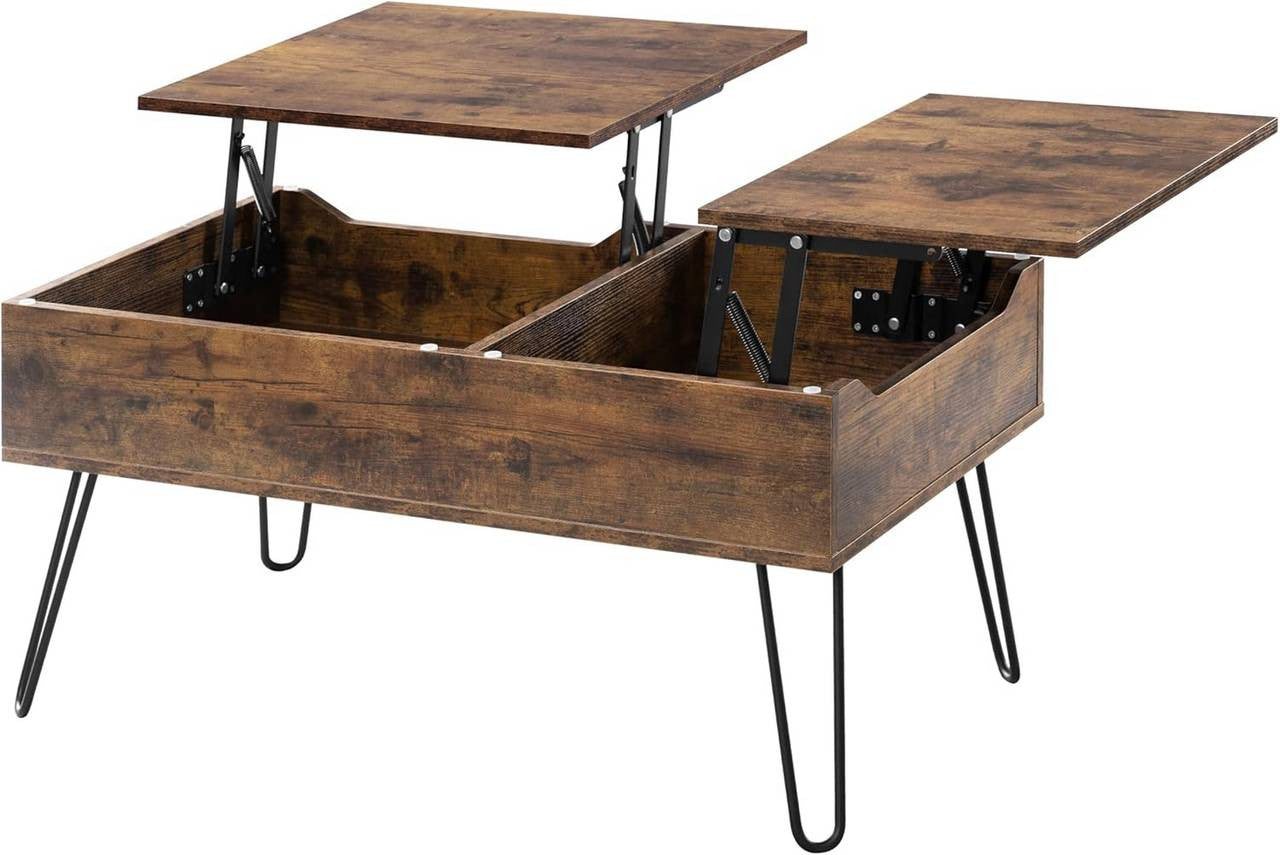 24goodz Lift-Top Coffee Table - Elegant Design - Ample Hidden Storage - Wood and Metal - Vintage Brown - 90x45x50 cm