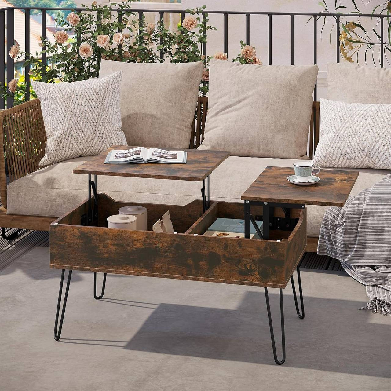 24goodz Lift-Top Coffee Table - Stylish and Functional - Wood and Metal - For Living Rooms - Vintage Brown
