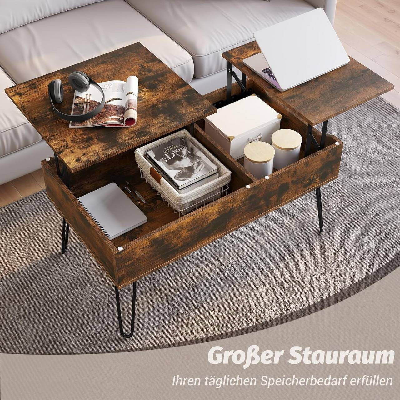 24goodz Lift-Top Coffee Table - Stylish and Functional - Wood and Metal - For Living Rooms - Vintage Brown