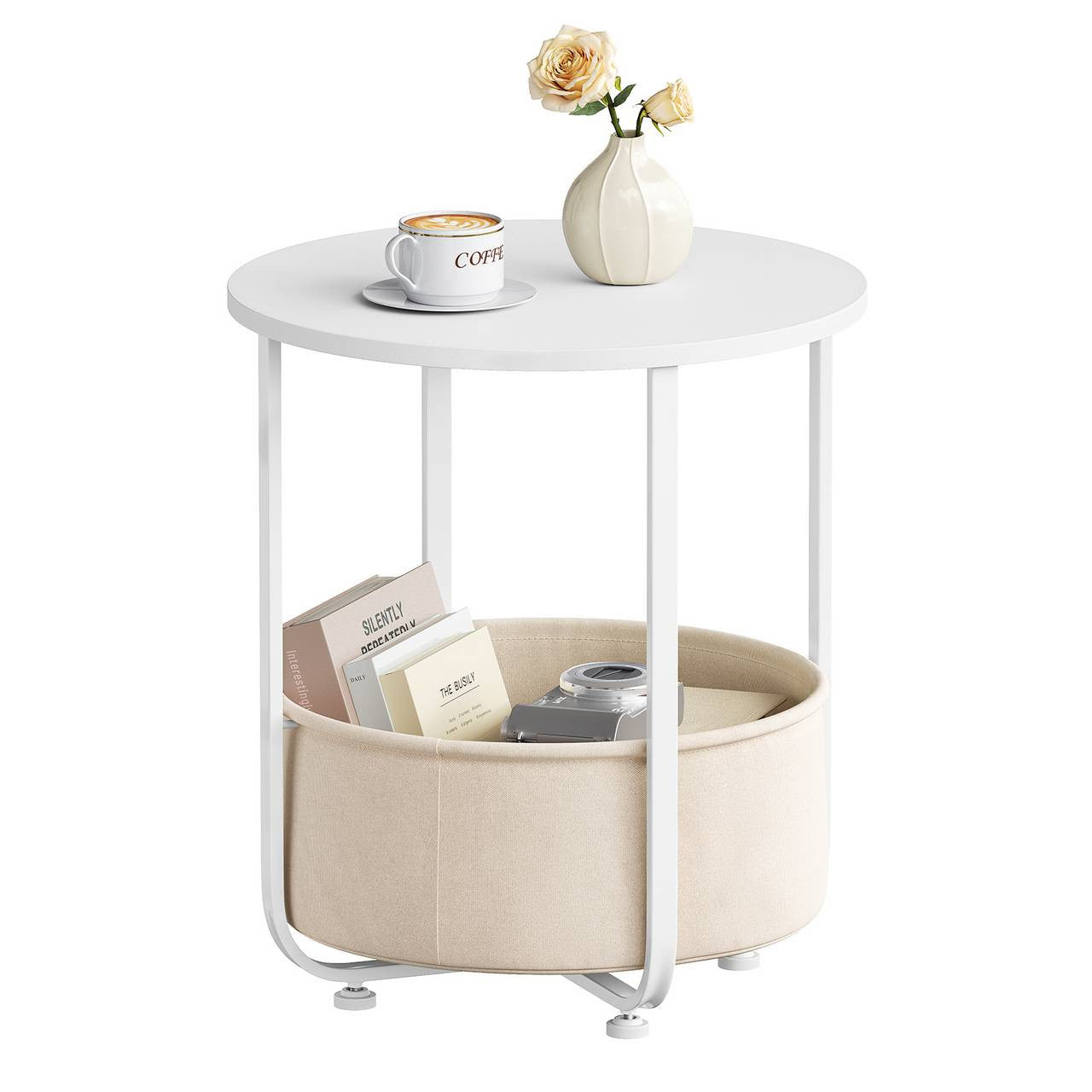 24goodz Round Side Table - Easy Assembly - Compact Design - MDF - For Living Room or Bedroom - Beige/White