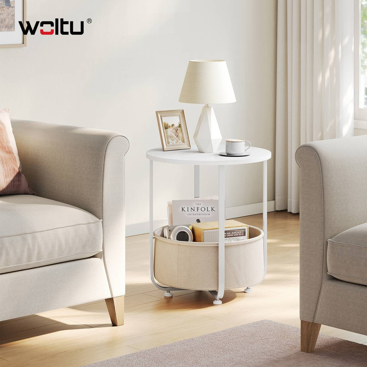24goodz Round Side Table - Easy Assembly - Compact Design - MDF - For Living Room or Bedroom - Beige/White