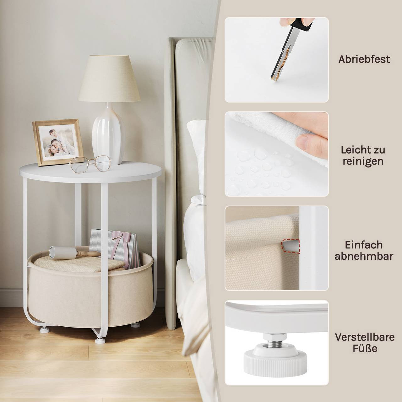 24goodz Round Side Table - Easy Assembly - Compact Design - MDF - For Living Room or Bedroom - Beige/White