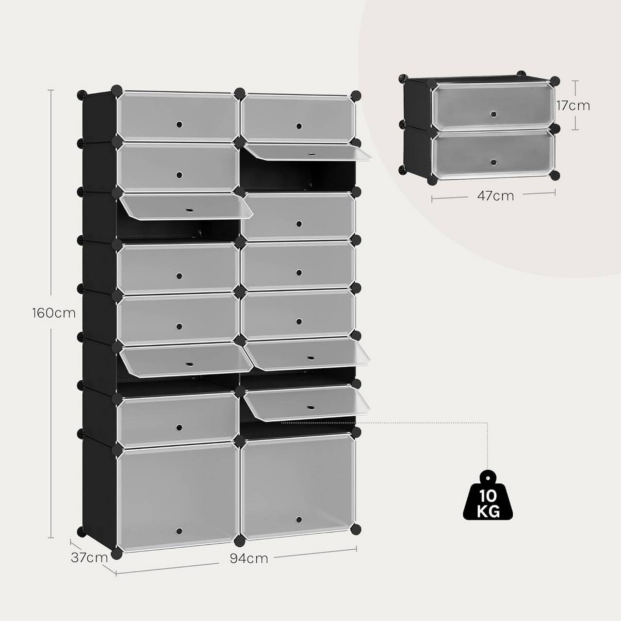 24goodz DIY Shoe Rack - Ample Space for 32 Pairs - Flexible Design - PP + Metal - Black + White