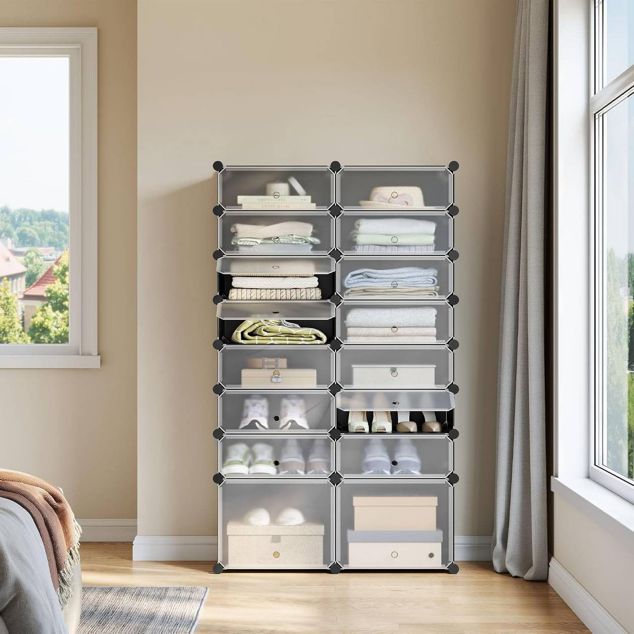 24goodz DIY Shoe Rack - Ample Space for 32 Pairs - Flexible Design - PP + Metal - Black + White