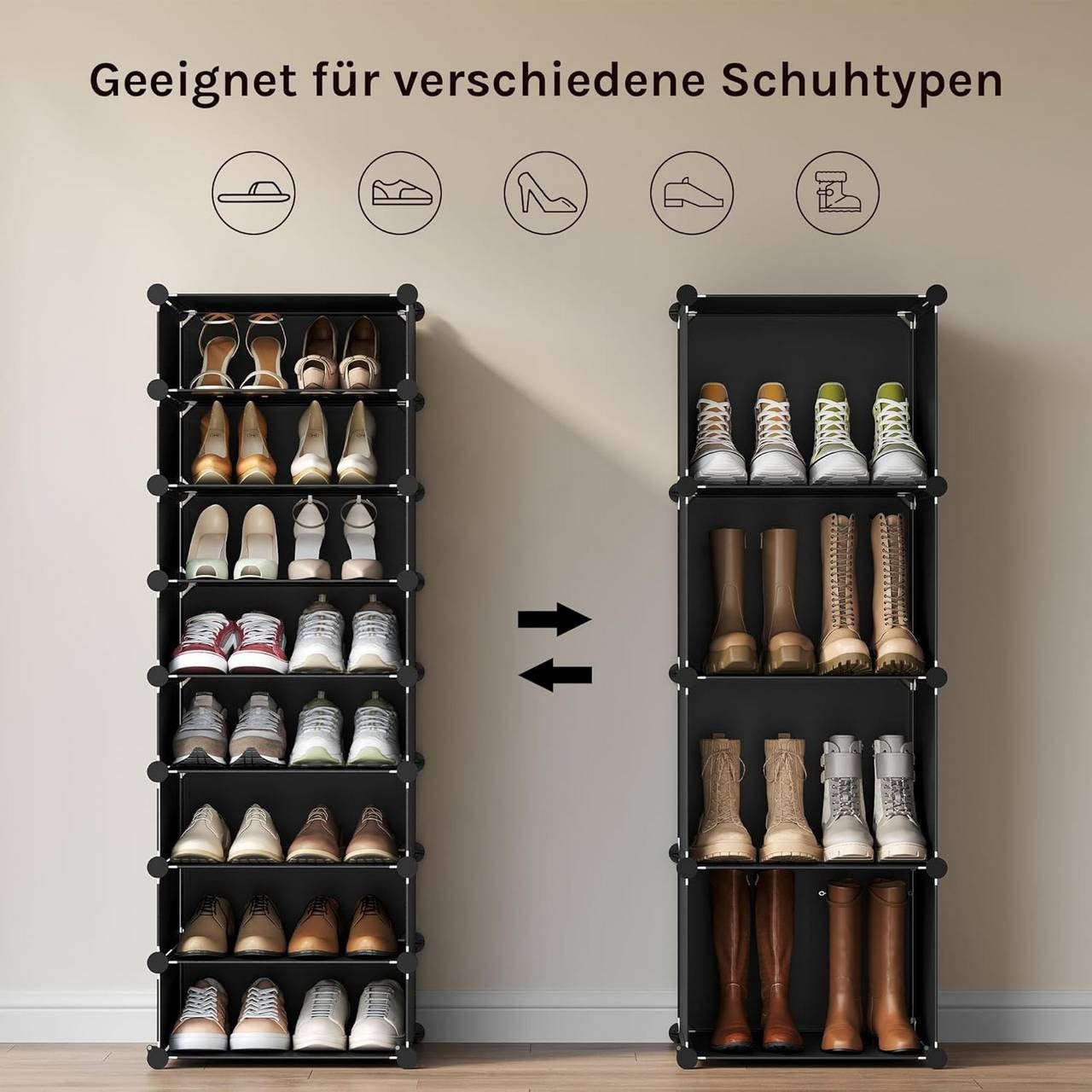 24goodz DIY Shoe Rack - Ample Space for 32 Pairs - Flexible Design - PP + Metal - Black + White