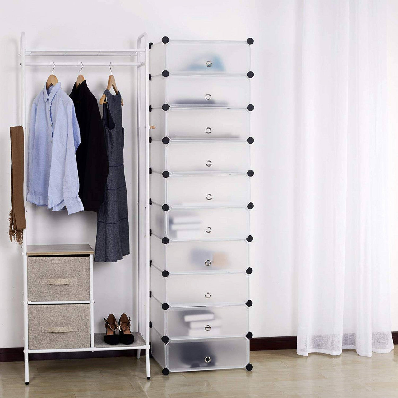 24goodz DIY Shoe Cabinet with Door - Versatile Storage Solution - Durable Plastic - For Home Use - Black with Semi-Transparent White Doors - ws