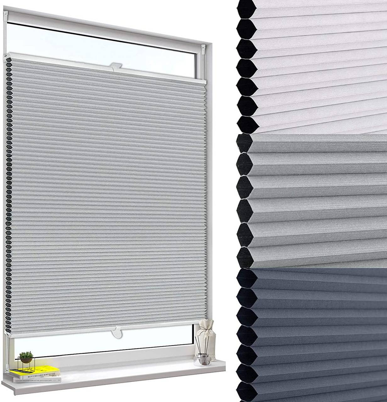 24goodz Pleated Honeycomb Blinds - Easy Installation Without Drilling - 100% Polyester - For Windows and Doors - Grey/White 105 x 130 cm