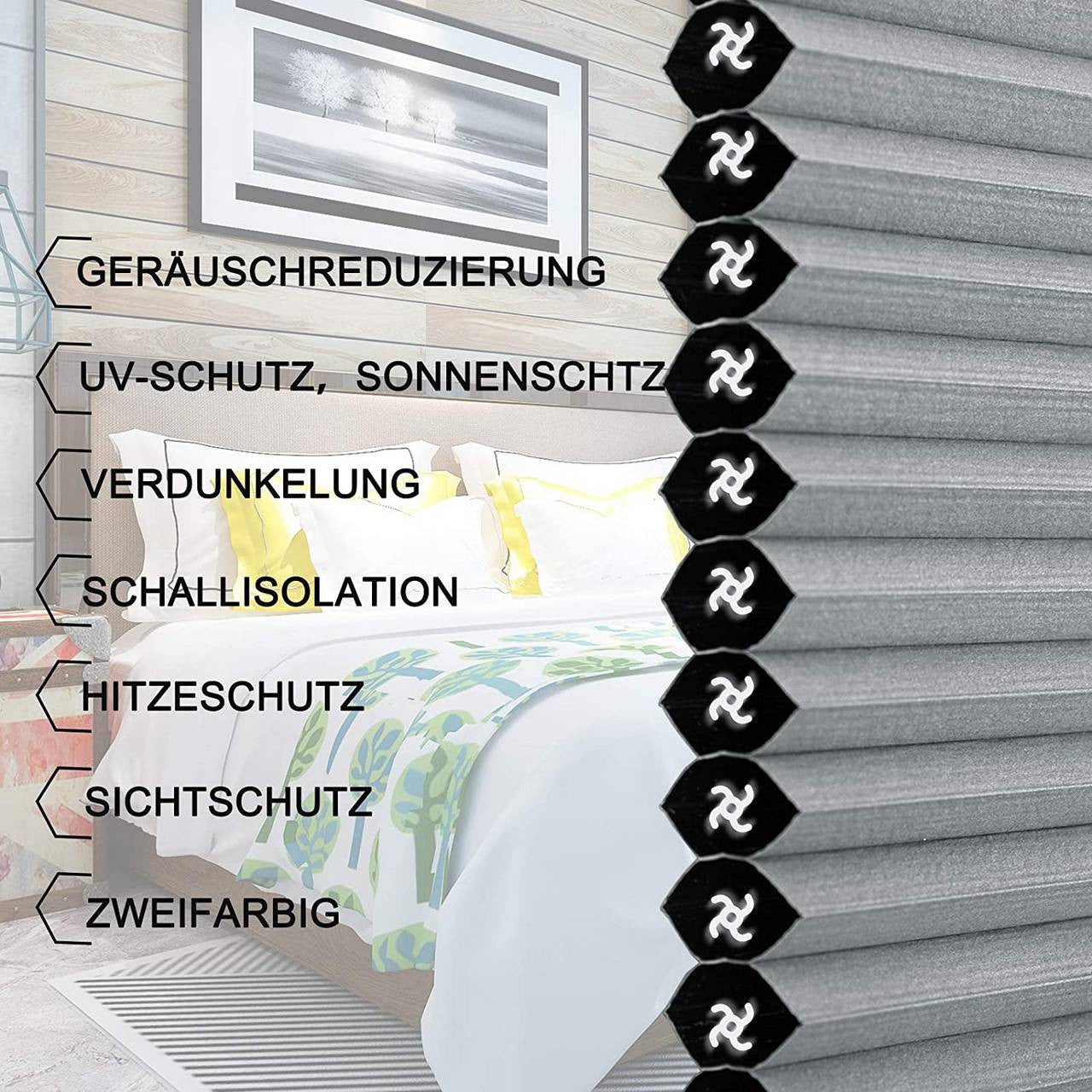 24goodz Double Honeycomb Pleated Blinds - No Drill Installation - 100% Polyester - For Windows and Doors - Grey/White - 80 x 130 cm