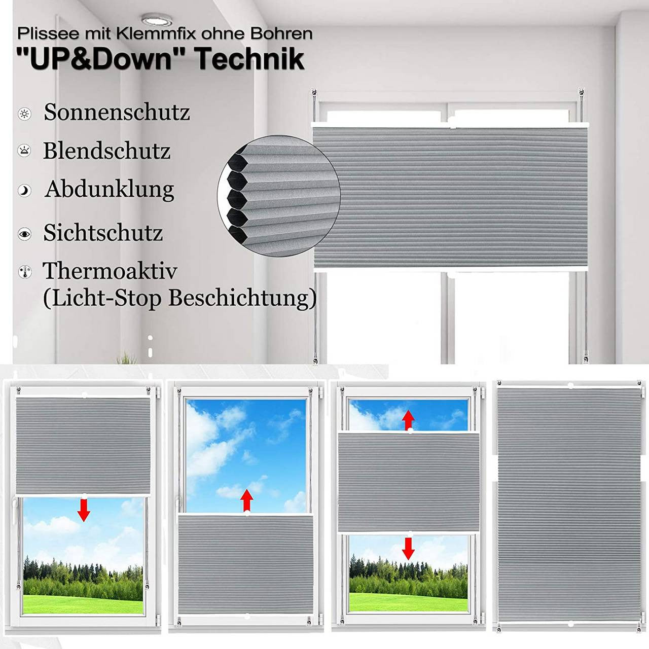 24goodz Double Honeycomb Pleated Blinds - Easy Installation Without Drilling - 100% Polyester - For Windows and Doors - Grey/White - 80 x 120 cm
