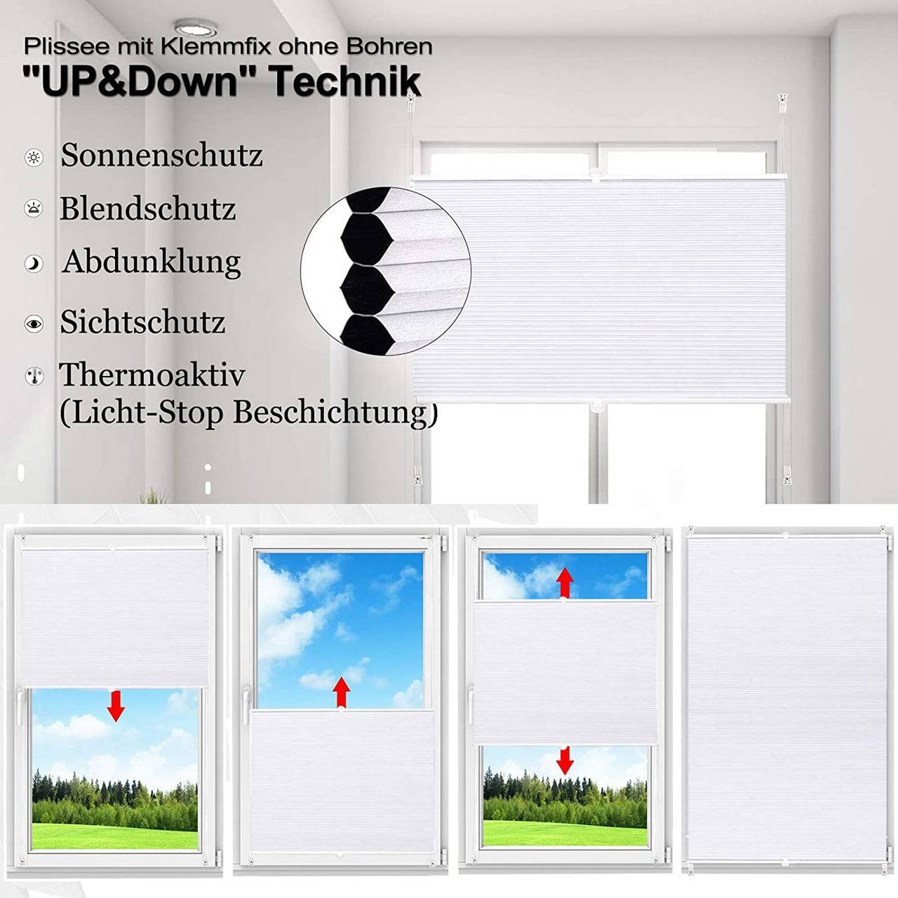 24goodz Double Honeycomb Pleated Blinds - Easy Installation Without Drilling - 100% Polyester - For Windows and Doors - White - 90 x 120 cm