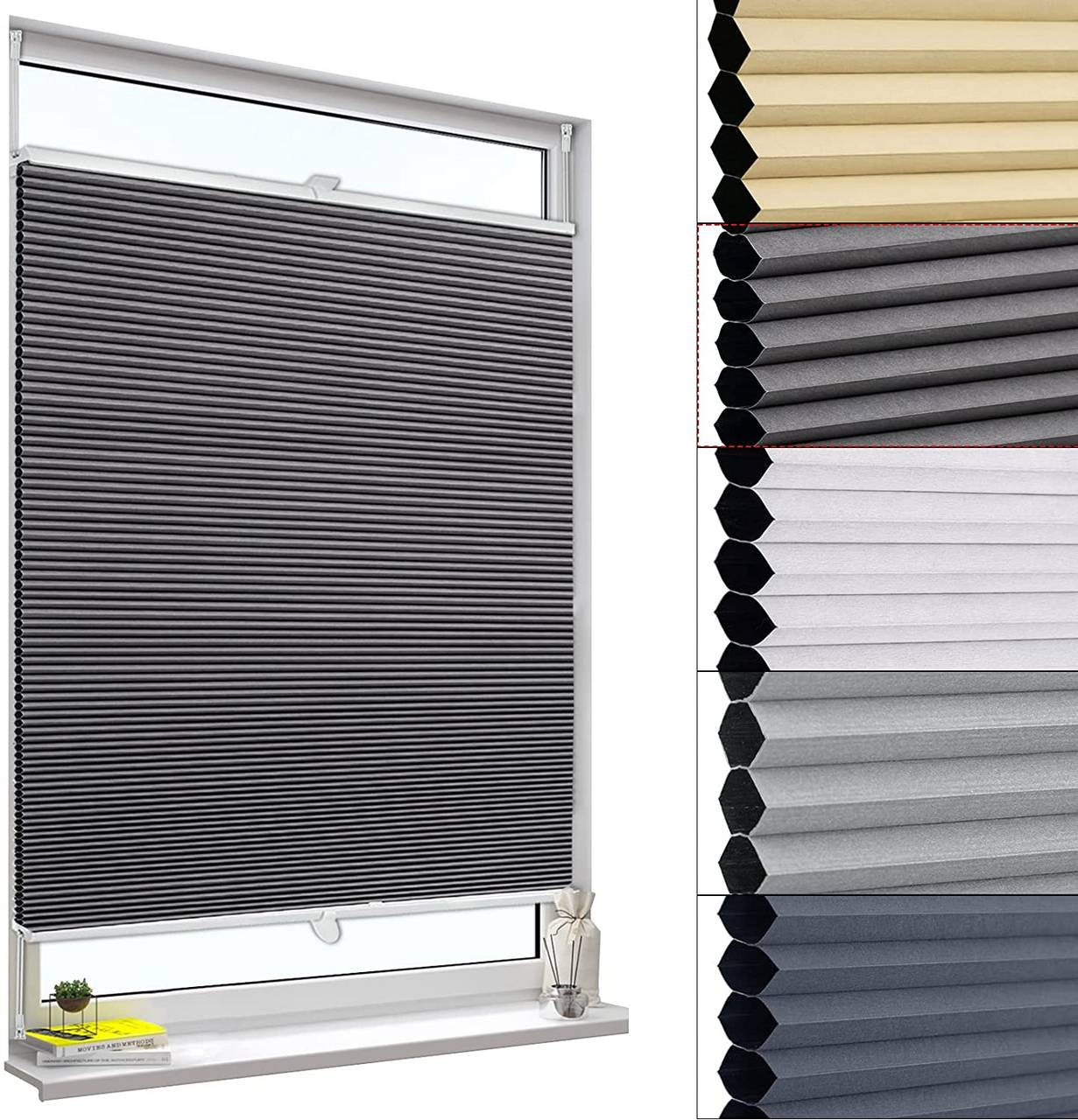 24goodz Honeycomb Pleated Blinds - No Drill Installation - Durable Polyester - For Windows and Doors - Dark Grey/White - 60-110 cm x 120 cm - dgr