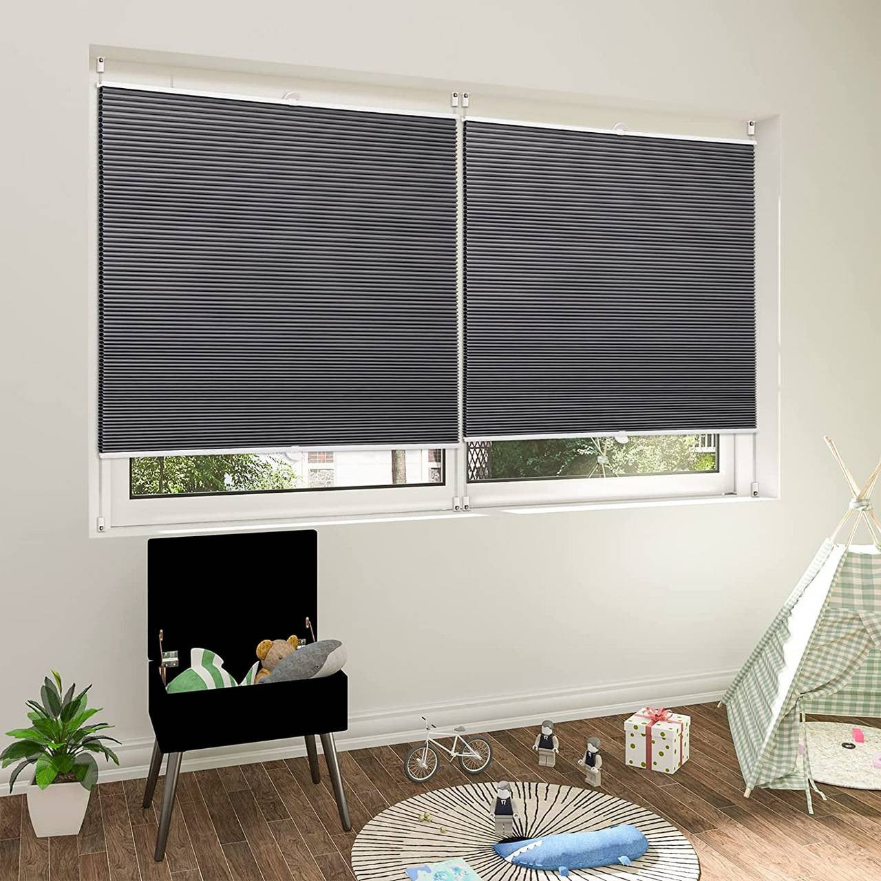 24goodz Double Honeycomb Pleated Blinds - Easy Installation Without Drilling - 100% Polyester - For Windows and Doors - Dark Grey/White - dgr