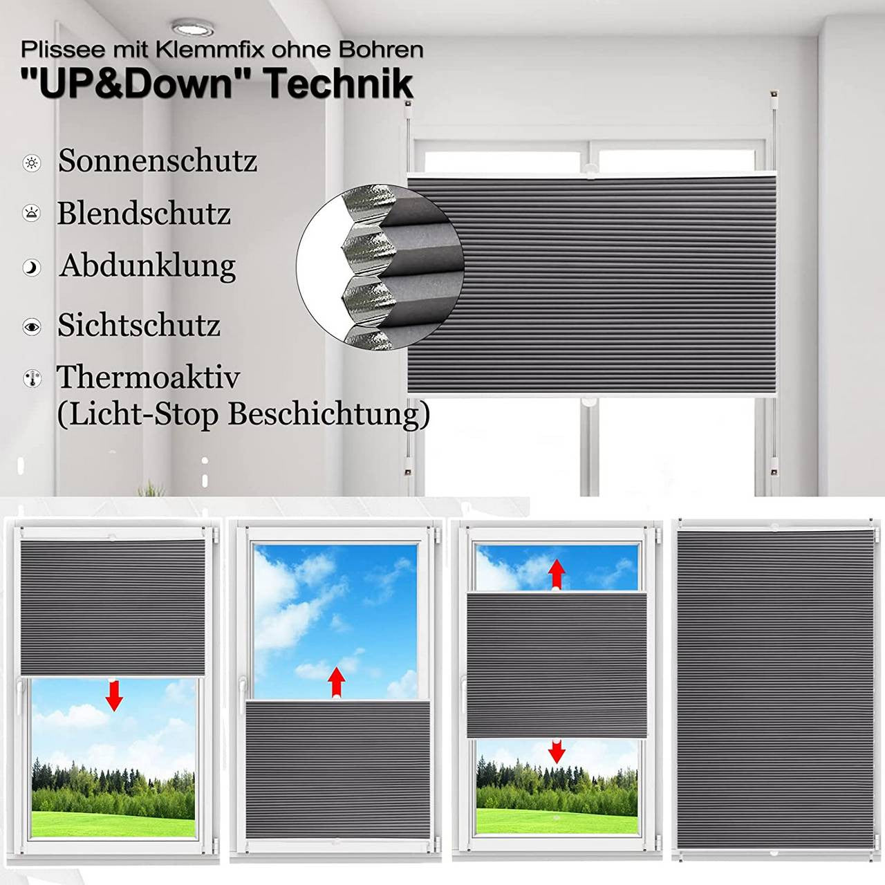 24goodz Double Honeycomb Pleated Blinds - No Drilling Installation - 100% Polyester - For Windows and Doors - Dark Grey/White - 100 x 130 cm