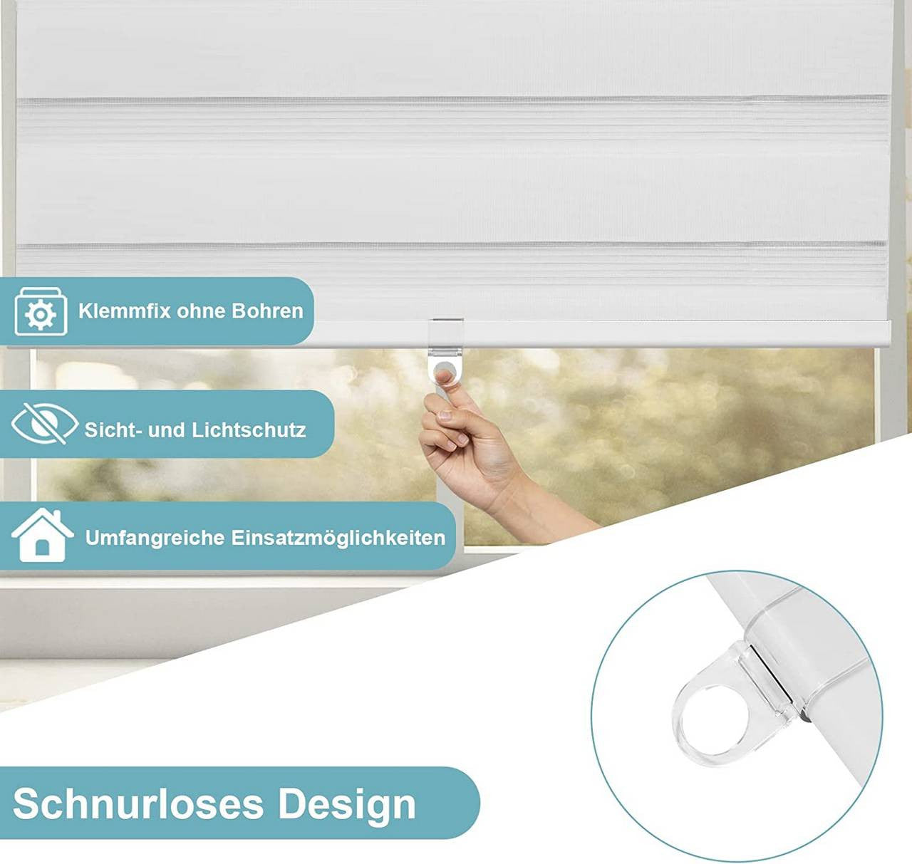 24goodz Double Roller Blind Klemmfix - Cordless Design for Safety - 100% Polyester - For Living Rooms and Bedrooms - White 70x150 - ws