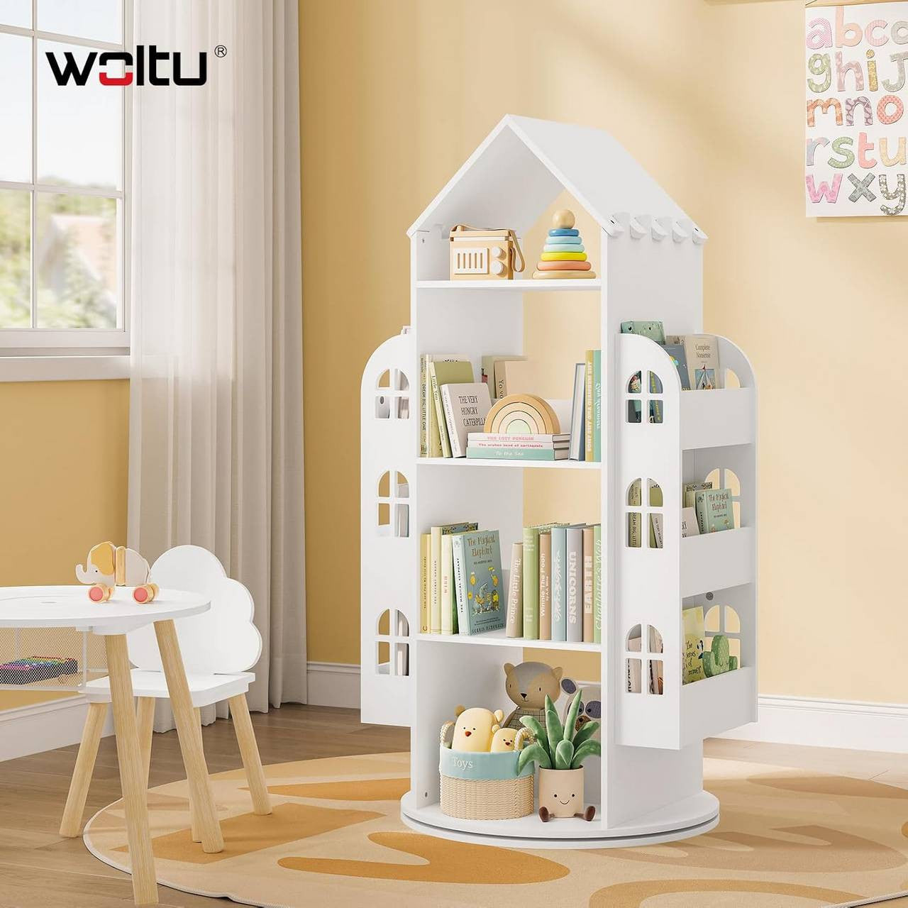 24goodz 360° Rotating Kids Bookshelf - Safe and Fun Design - MDF + Melamine Veneer - For Children - White