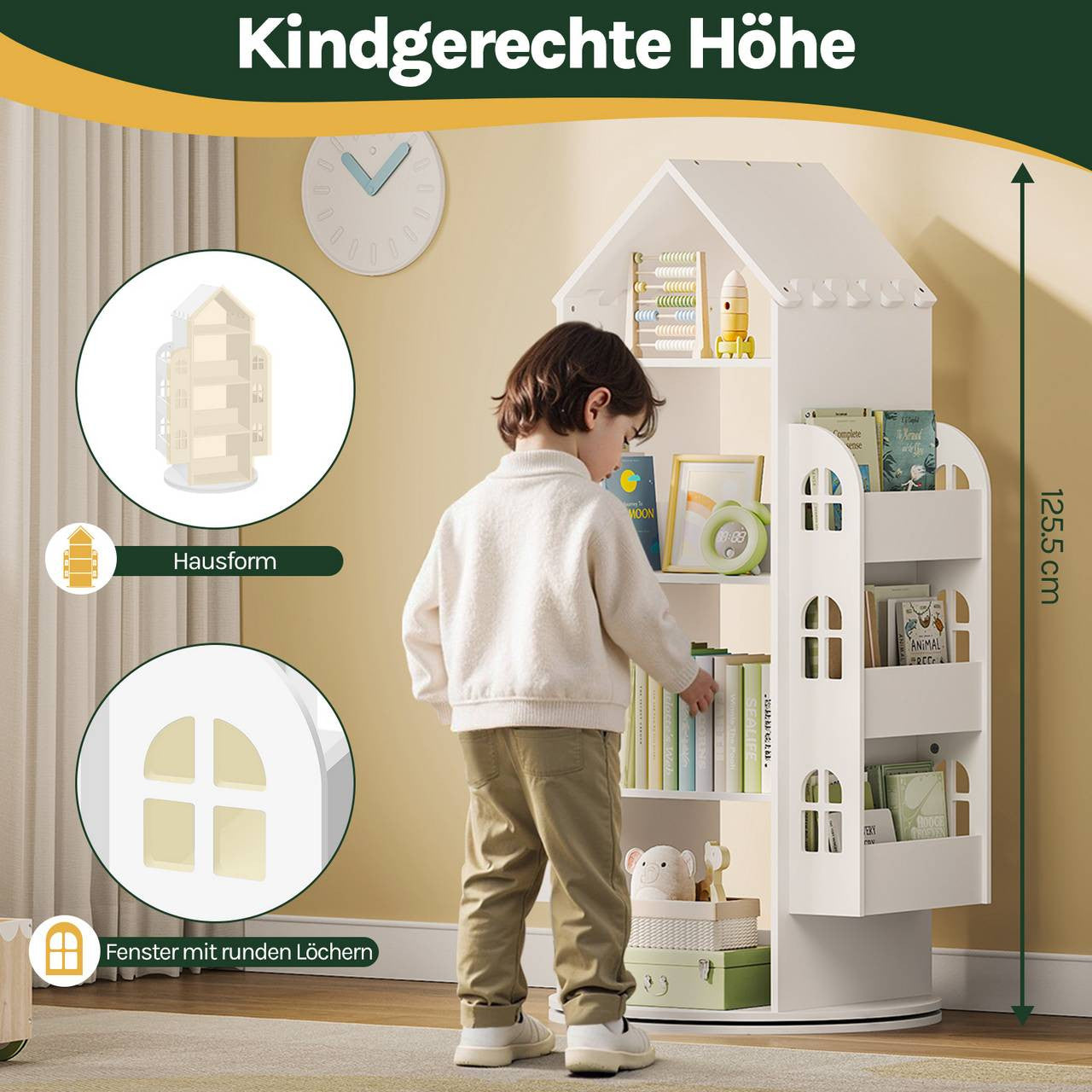 24goodz 360° Rotating Kids Bookshelf - Safe and Fun Design - MDF + Melamine Veneer - For Children - White