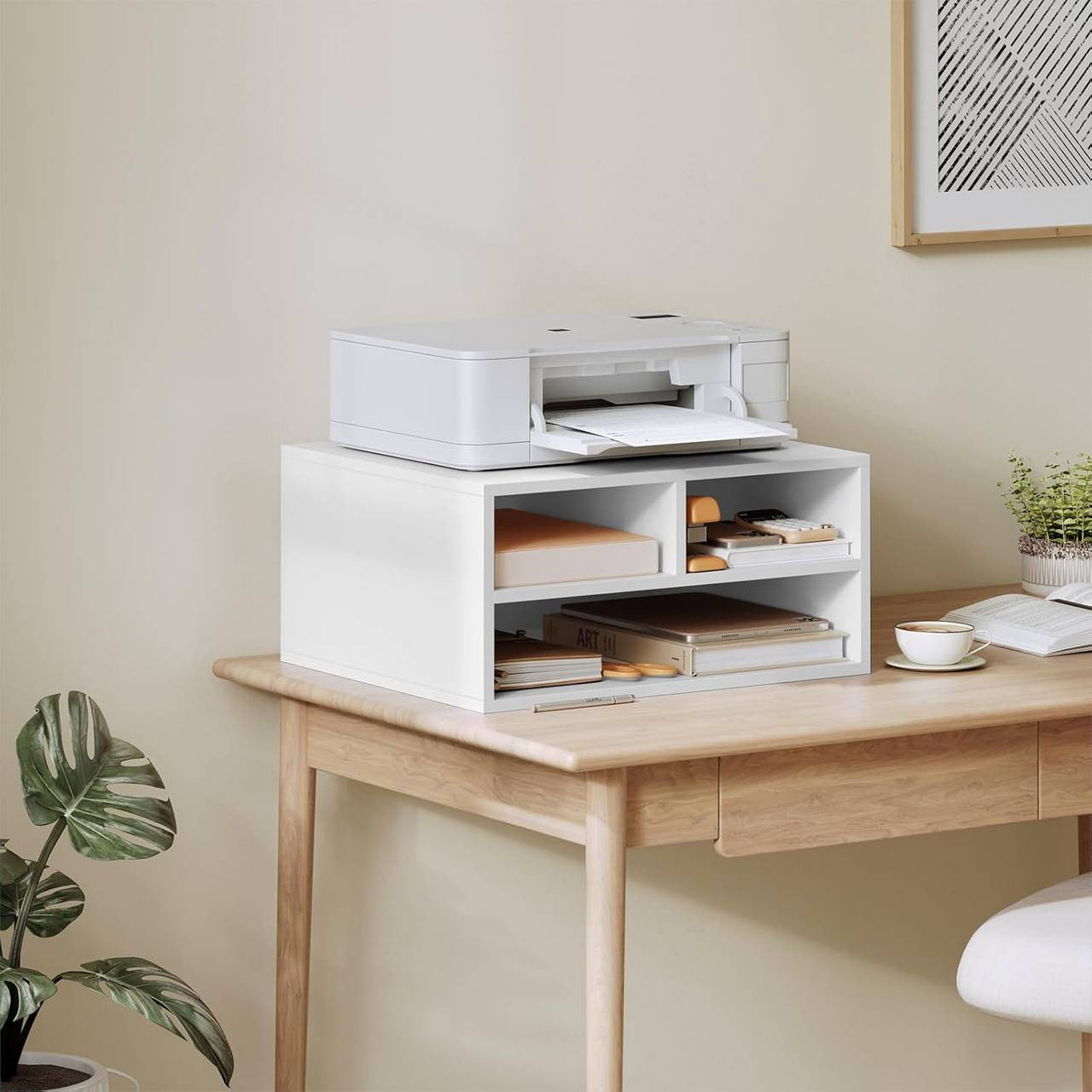 24goodz Printer Stand with 3 Compartments - Ample Storage Space - Durable E1-Class Wood - White - 47 x 22.5 x 40 cm