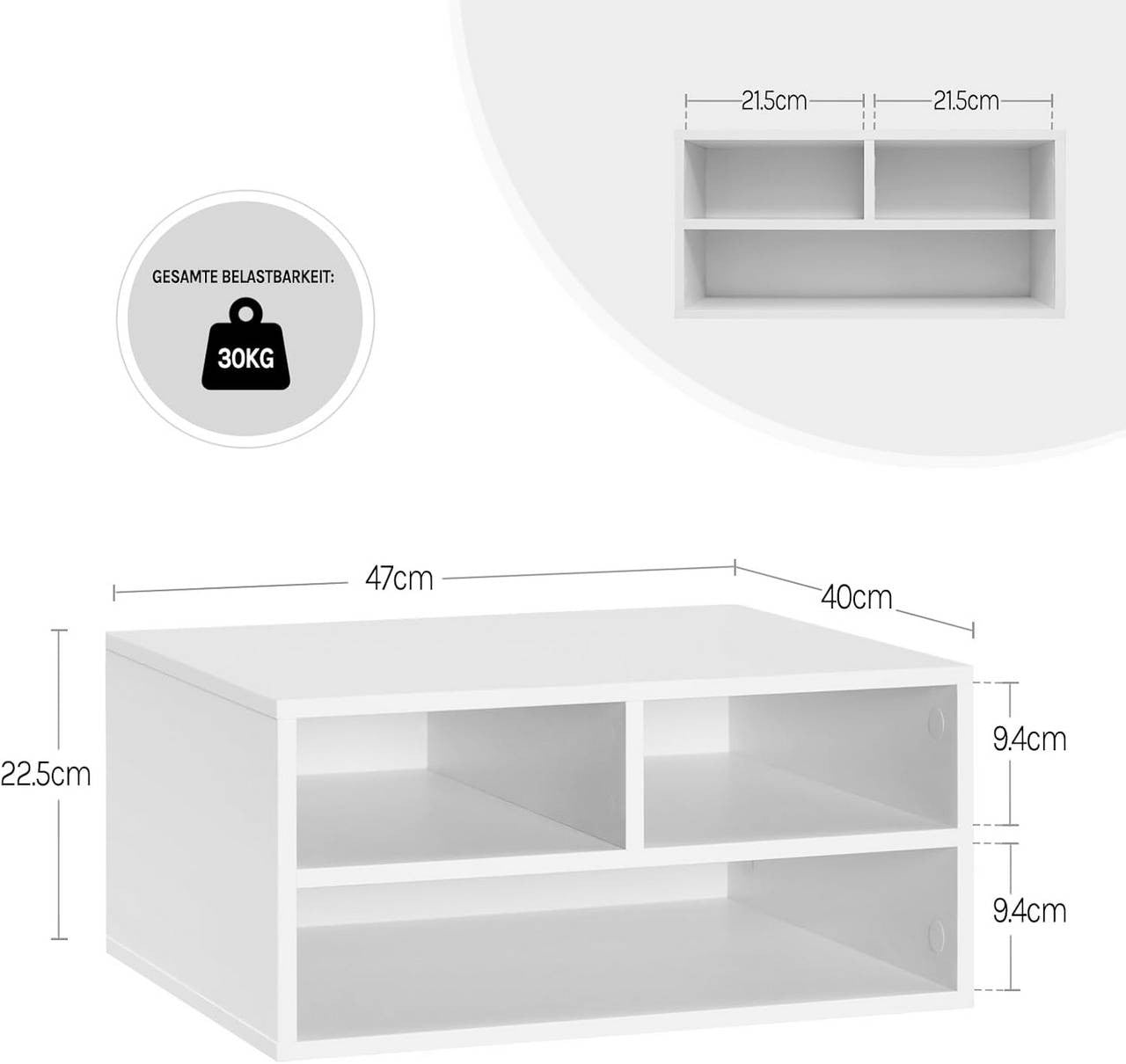 24goodz Printer Stand with 3 Compartments - Ample Storage Space - Durable E1-Class Wood - White - 47 x 22.5 x 40 cm