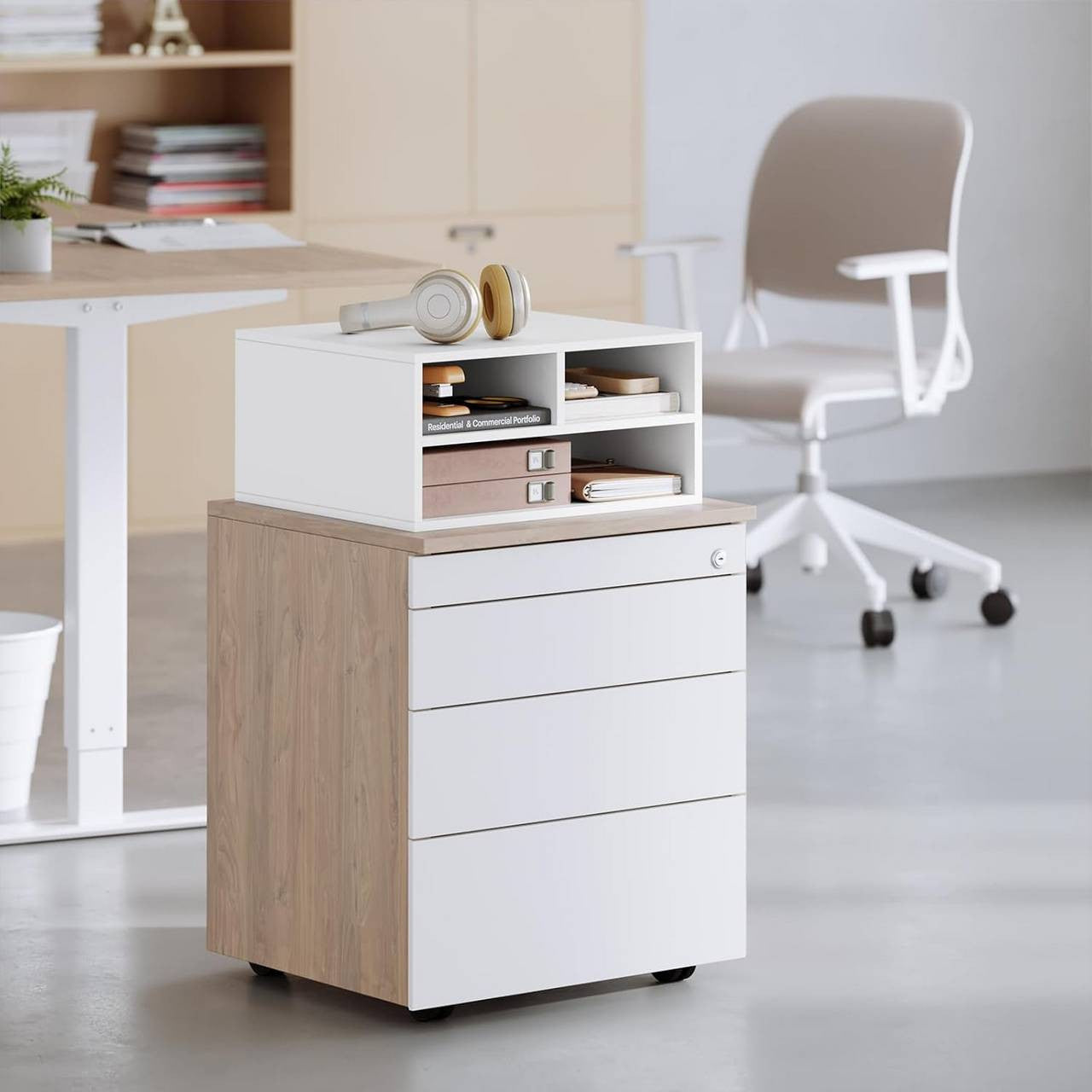 24goodz Printer Stand with 3 Compartments - Ample Storage Space - Durable E1-Class Wood - White - 47 x 22.5 x 40 cm