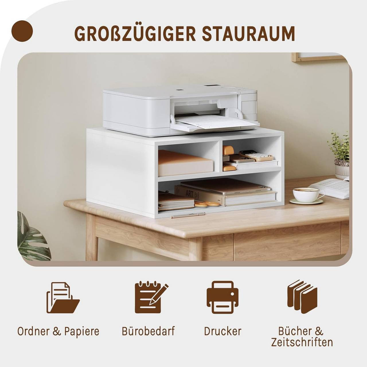 24goodz Printer Stand with 3 Compartments - Ample Storage Space - Durable E1-Class Wood - White - 47 x 22.5 x 40 cm
