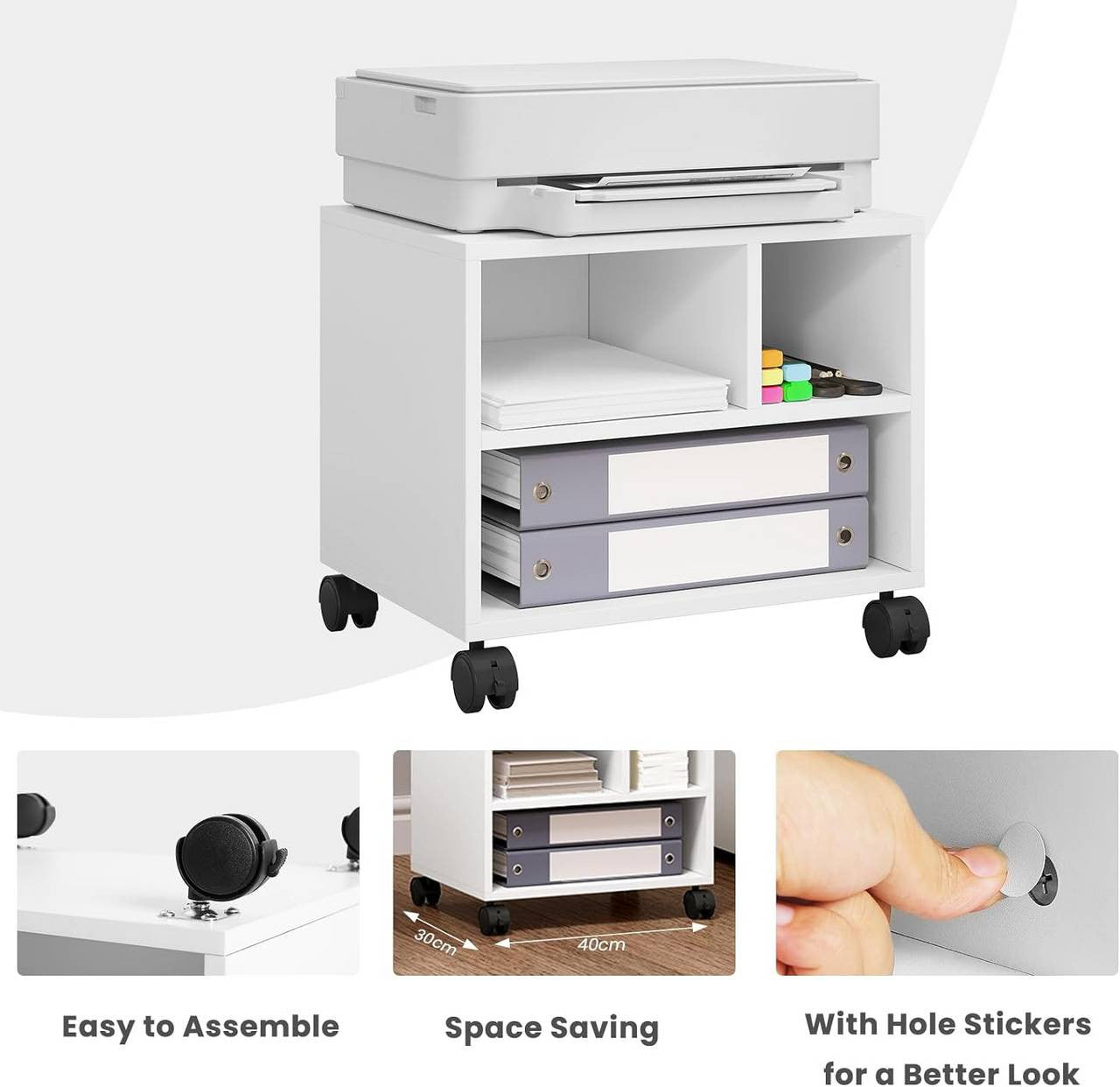 24goodz Printer Cart on Wheels - Ample Storage Space - Durable and Stable - E1 Wood with Melamine Finish - White - 40 x 35 x 30 cm