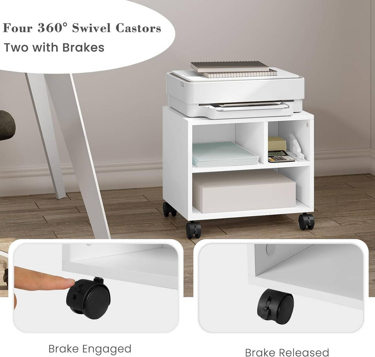 24goodz Printer Cart on Wheels - Ample Storage Space - Durable and Stable - E1 Wood with Melamine Finish - White - 40 x 35 x 30 cm