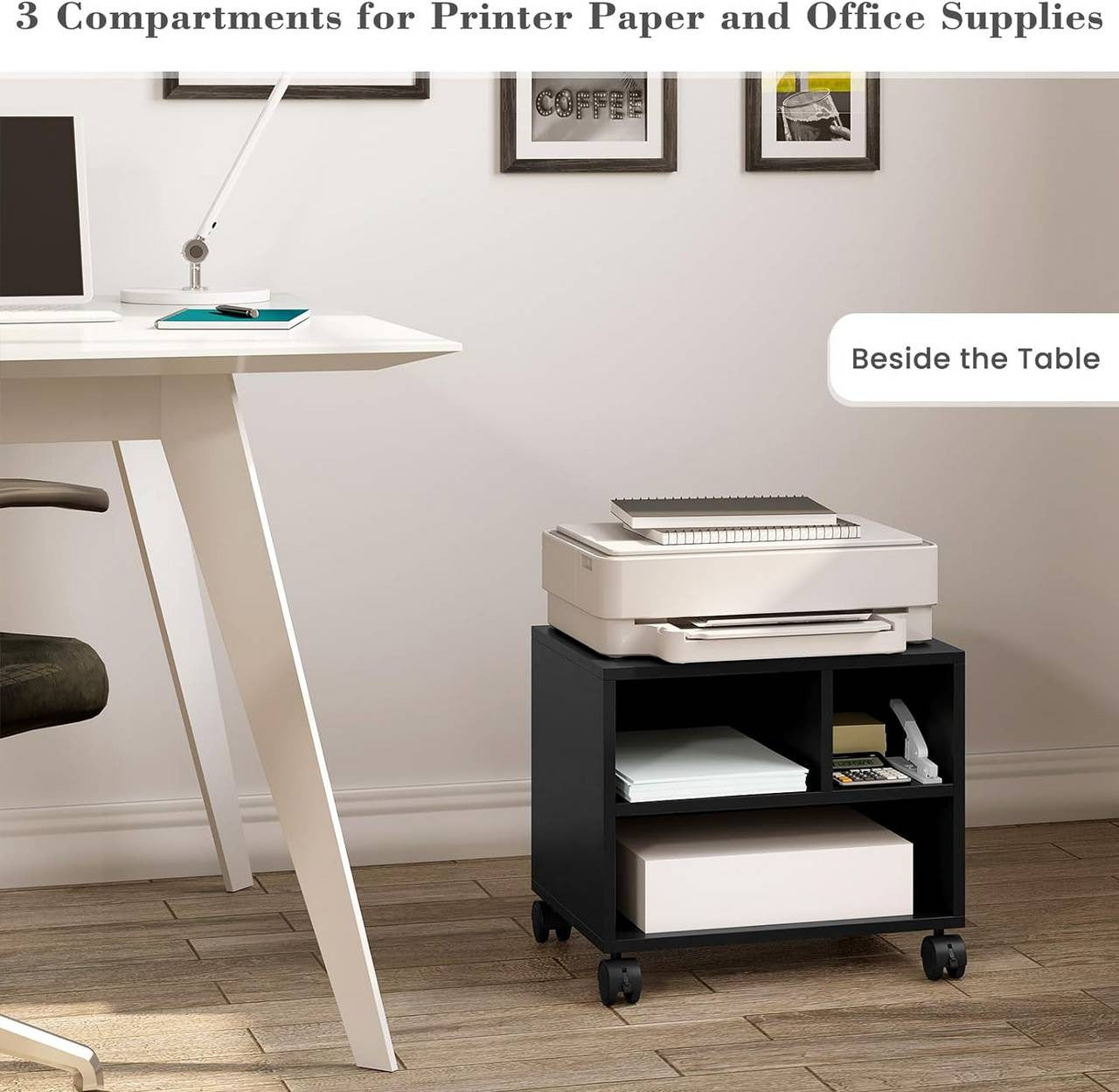 24goodz Mobile Printer Stand - Ample Storage Space - Durable and Stable - E1 Wood with Melamine Veneer - Black - 40x35x30 cm
