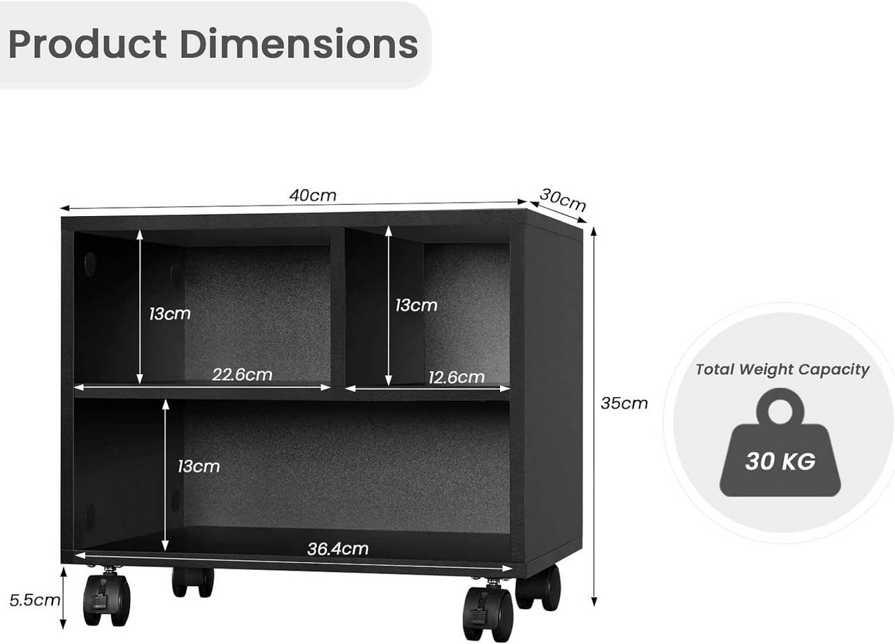 24goodz Mobile Printer Stand - Ample Storage Space - Durable and Stable - E1 Wood with Melamine Veneer - Black - 40x35x30 cm
