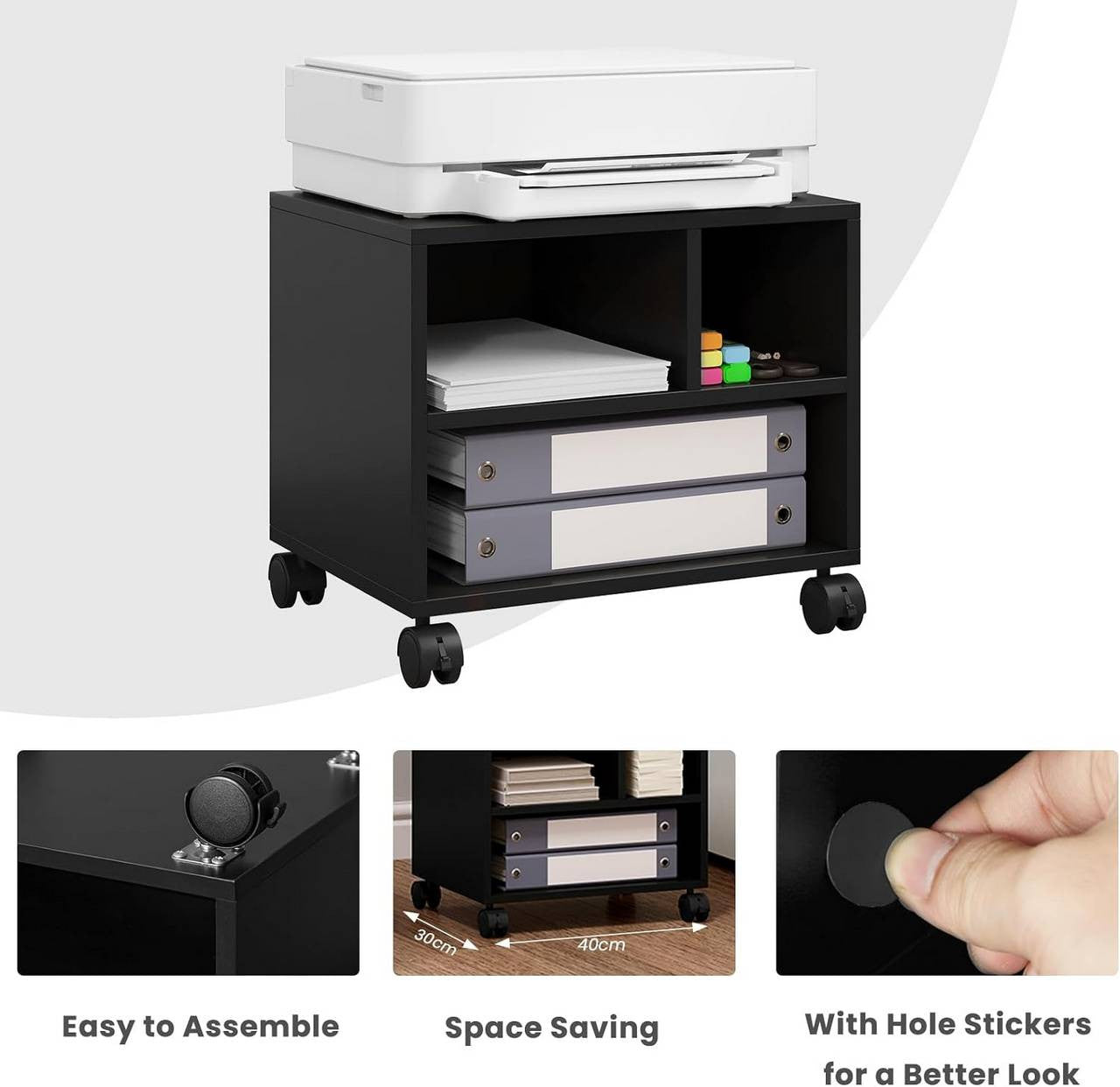 24goodz Mobile Printer Stand - Ample Storage Space - Durable and Stable - E1 Wood with Melamine Veneer - Black - 40x35x30 cm