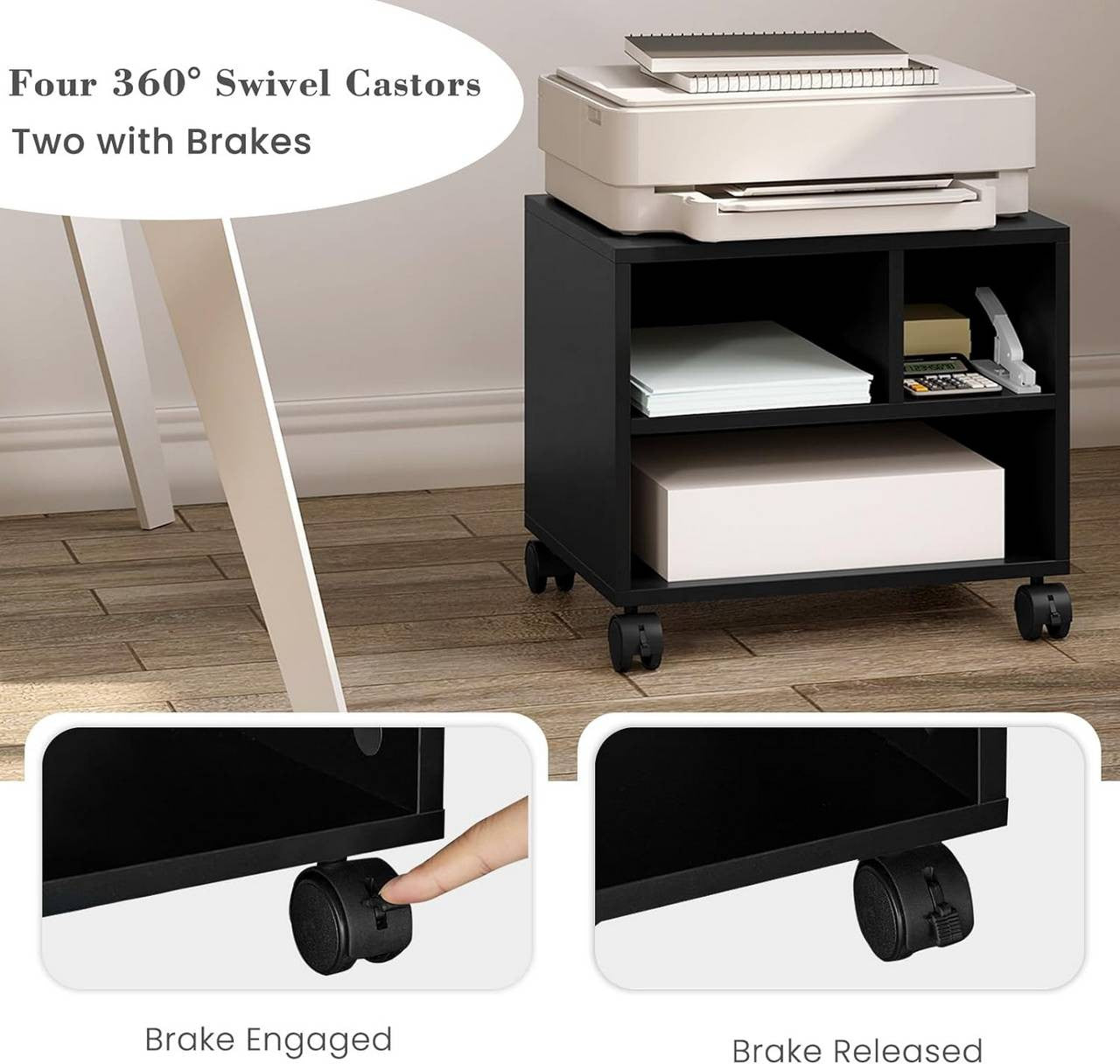 24goodz Mobile Printer Stand - Ample Storage Space - Durable and Stable - E1 Wood with Melamine Veneer - Black - 40x35x30 cm