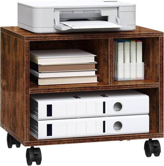 24goodz Printer Table on Wheels - Ample Storage Space - Durable & Stable - E1 Wood - For Home Office - Rustic Brown