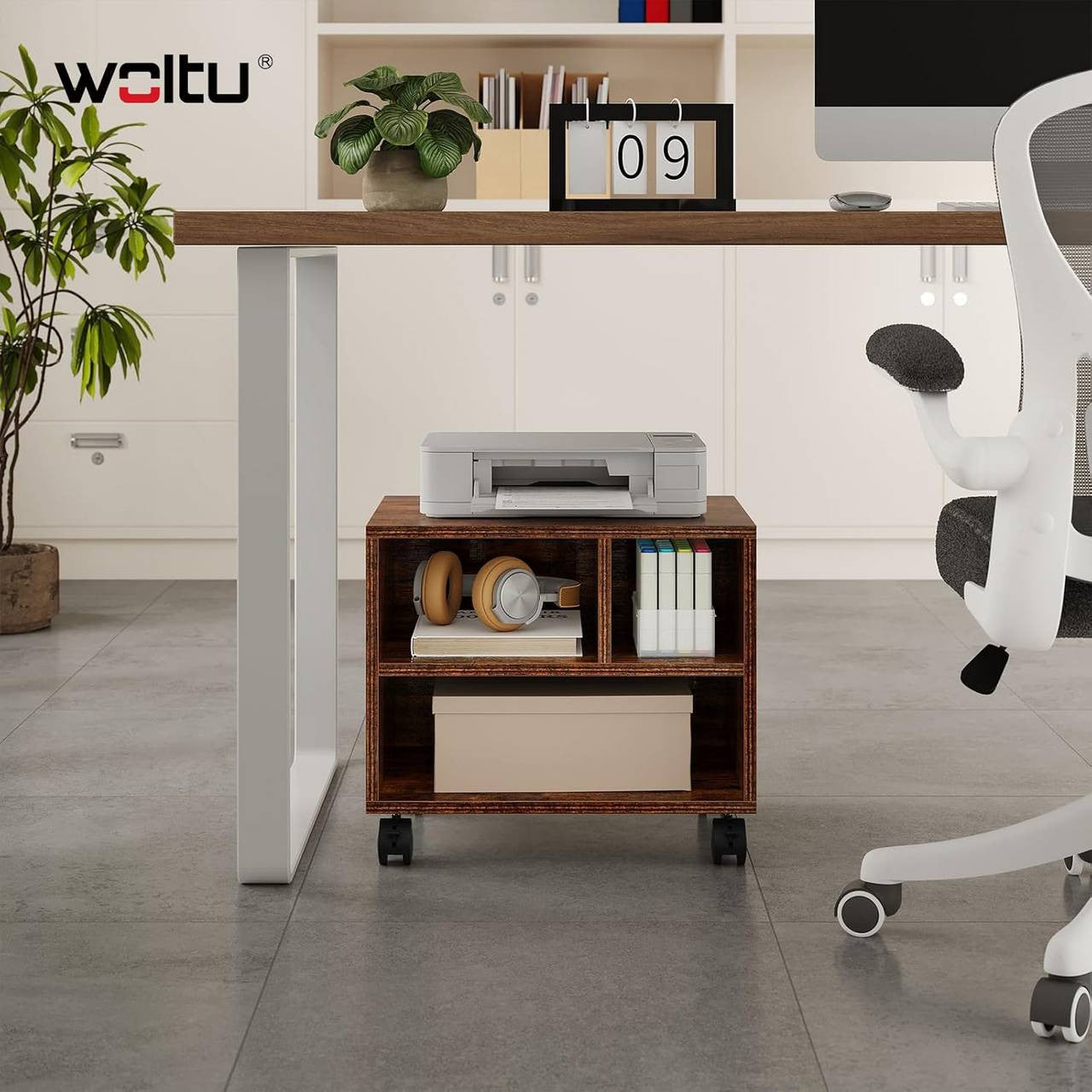 24goodz Printer Table on Wheels - Ample Storage Space - Durable & Stable - E1 Wood - For Home Office - Rustic Brown