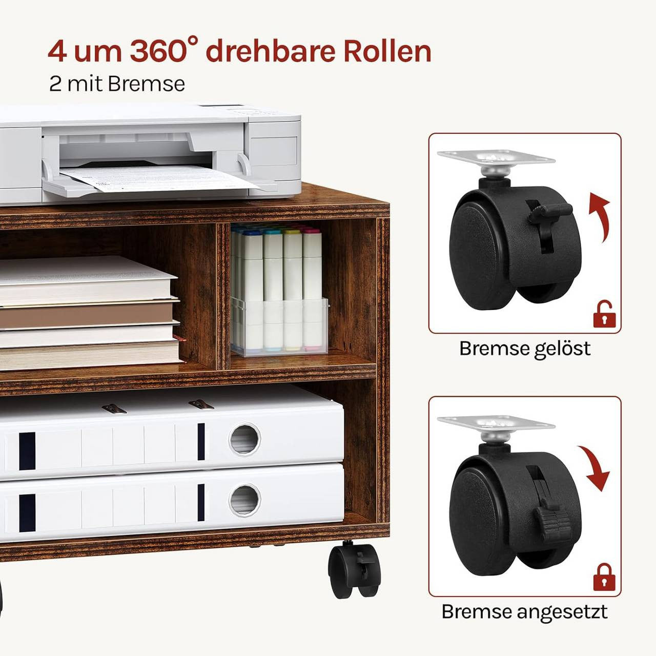 24goodz Printer Table on Wheels - Ample Storage Space - Durable & Stable - E1 Wood - For Home Office - Rustic Brown