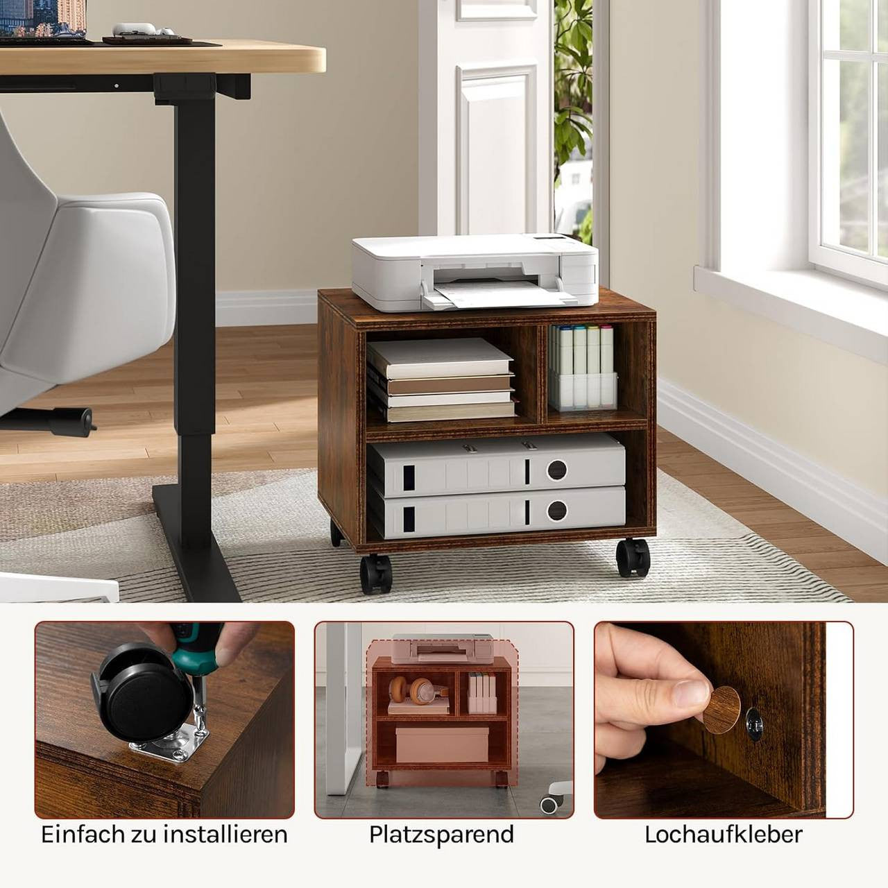 24goodz Printer Table on Wheels - Ample Storage Space - Durable & Stable - E1 Wood - For Home Office - Rustic Brown
