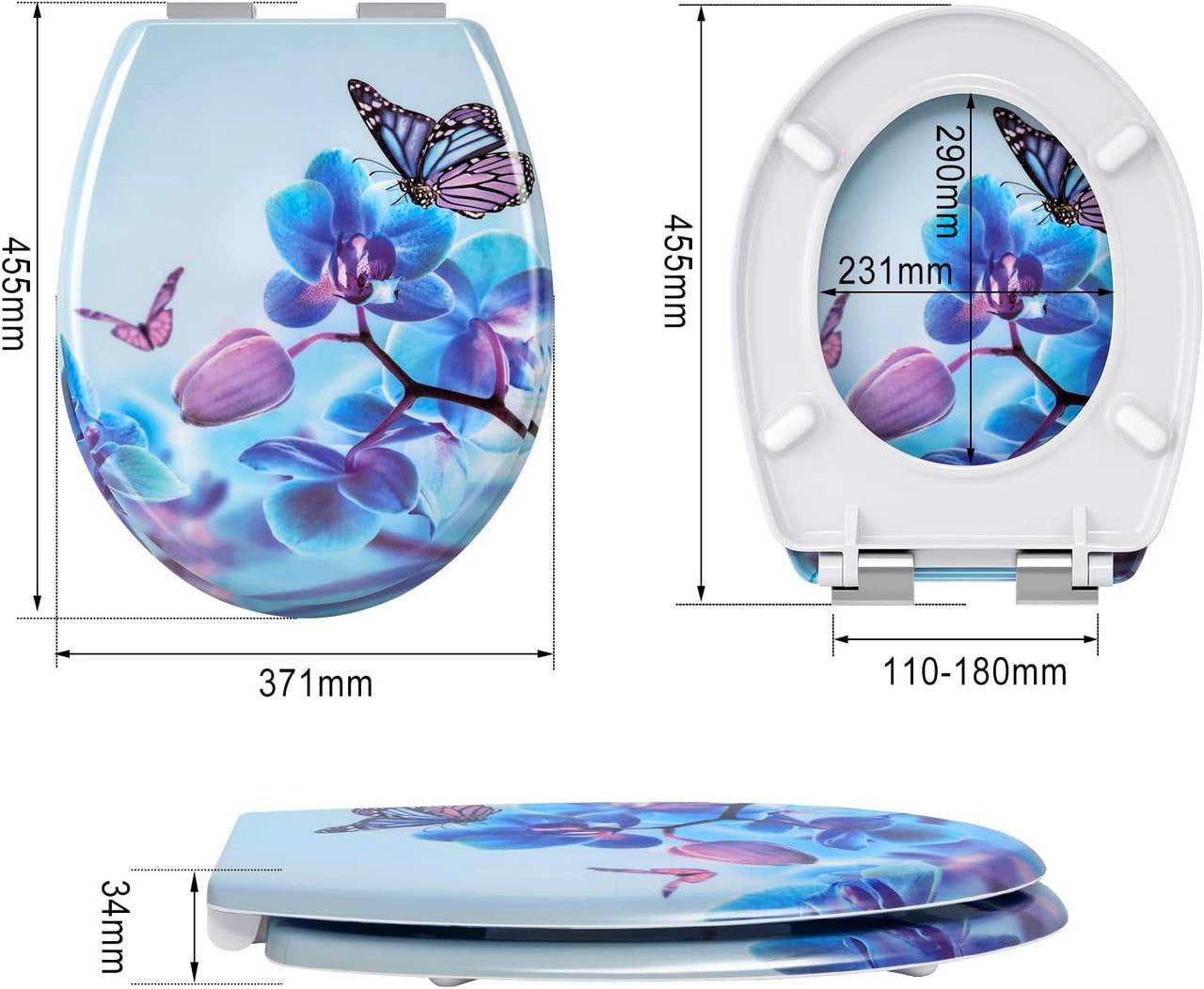 24goodz Duroplast Toilet Seat - Soft-Close Mechanism - Easy to Clean - Duroplast - For Everyone - Blue Phalaenopsis