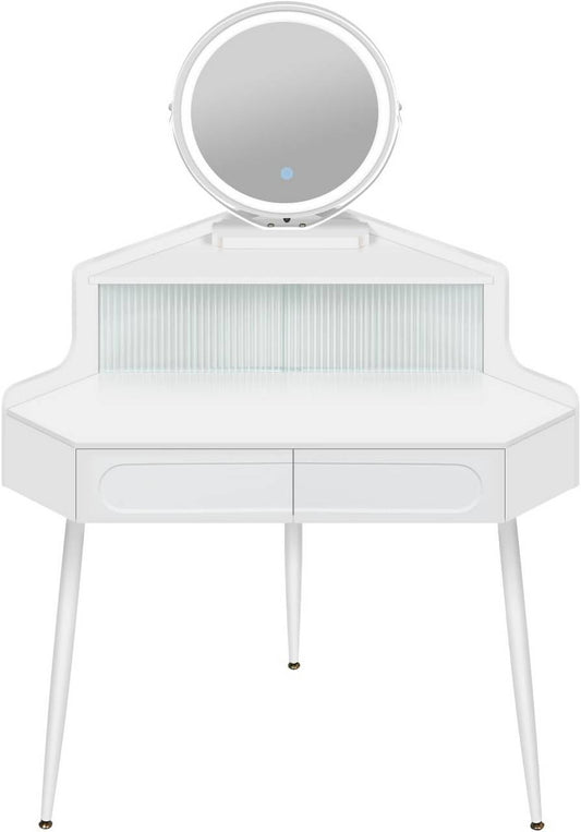 24goodz Corner Makeup Table with Mirror - Space-Saving Design - Dimmable Mirror - MDF - For Beauty Enthusiasts - White