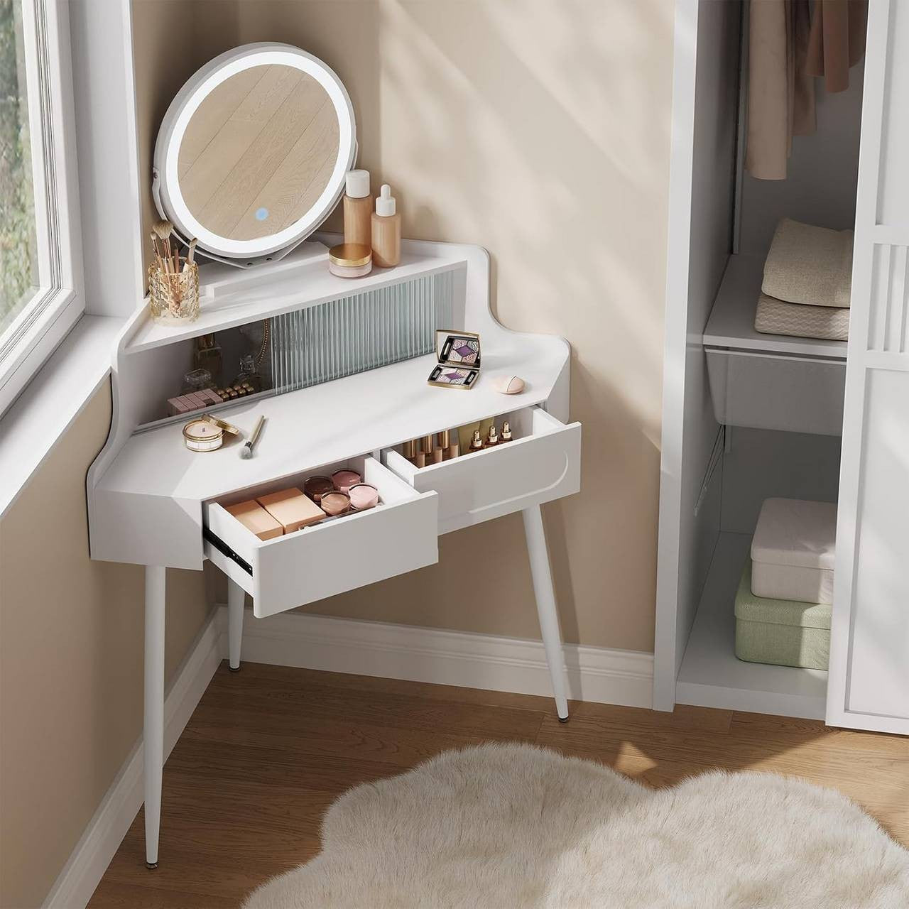 24goodz Corner Makeup Table with Mirror - Space-Saving Design - Dimmable Mirror - MDF - For Beauty Enthusiasts - White