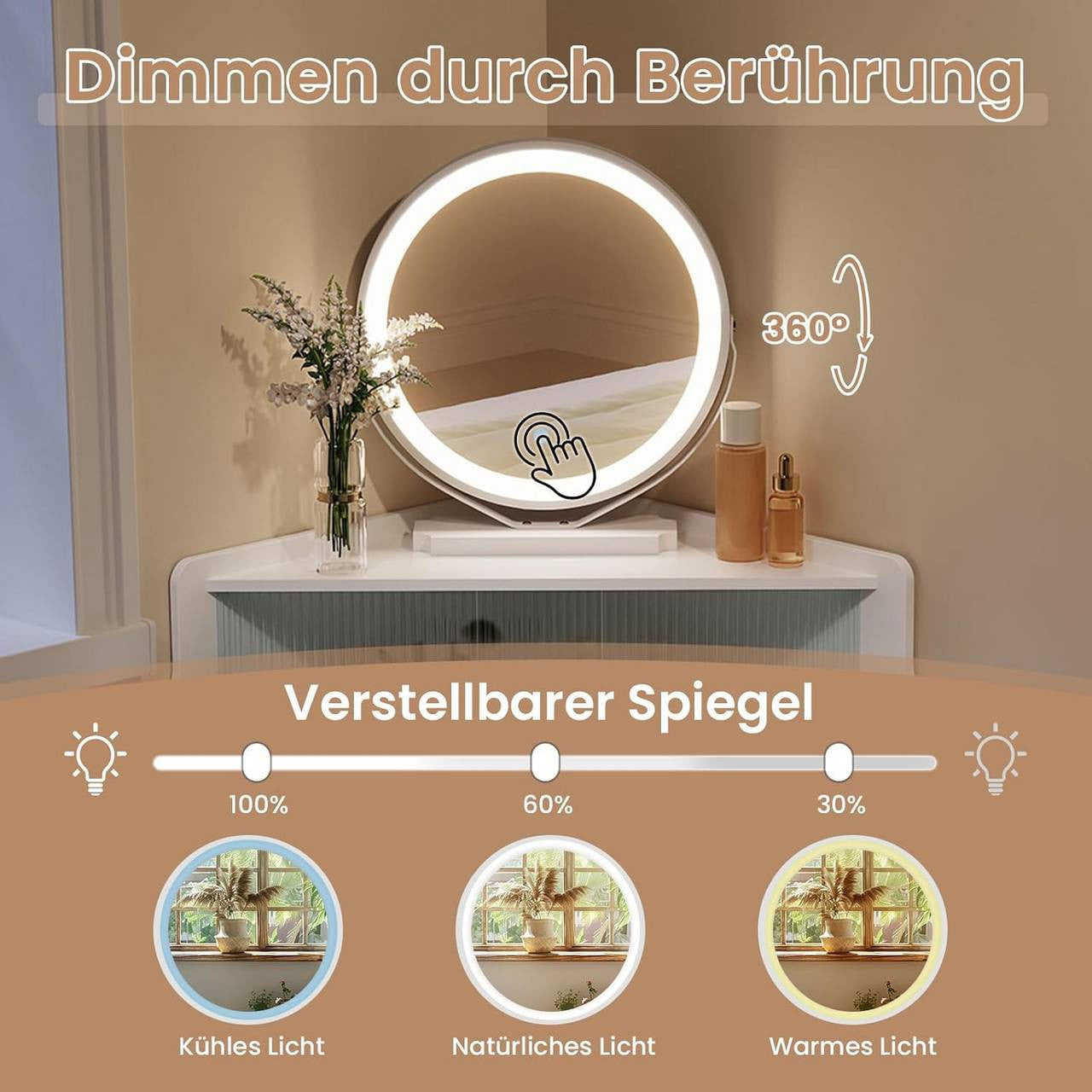 24goodz Corner Makeup Table with Mirror - Space-Saving Design - Dimmable Mirror - MDF - For Beauty Enthusiasts - White