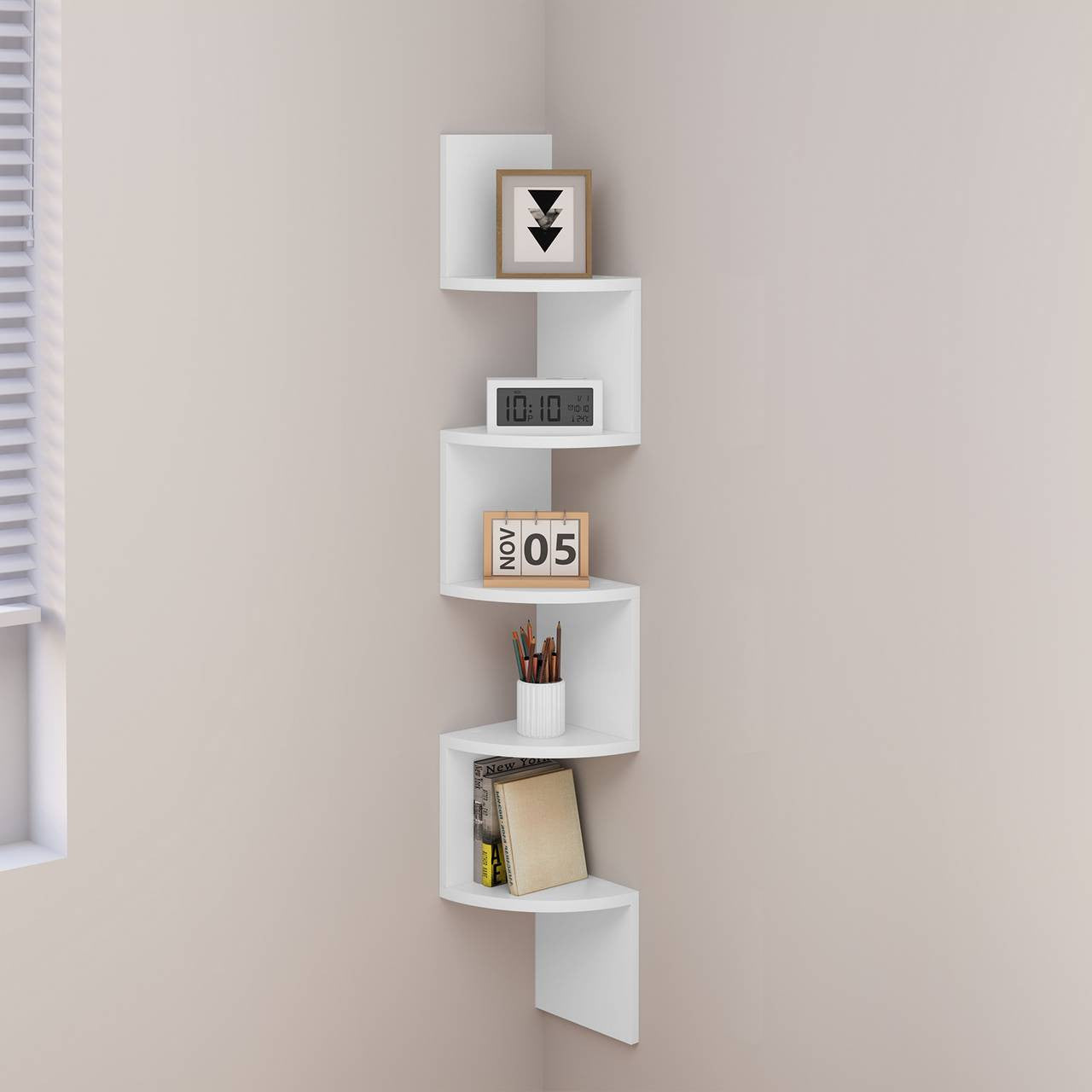 24goodz Zigzag Corner Shelf with 5 Shelves - Elegant & Stylish Design - E1 MDF - For Home Decor - White