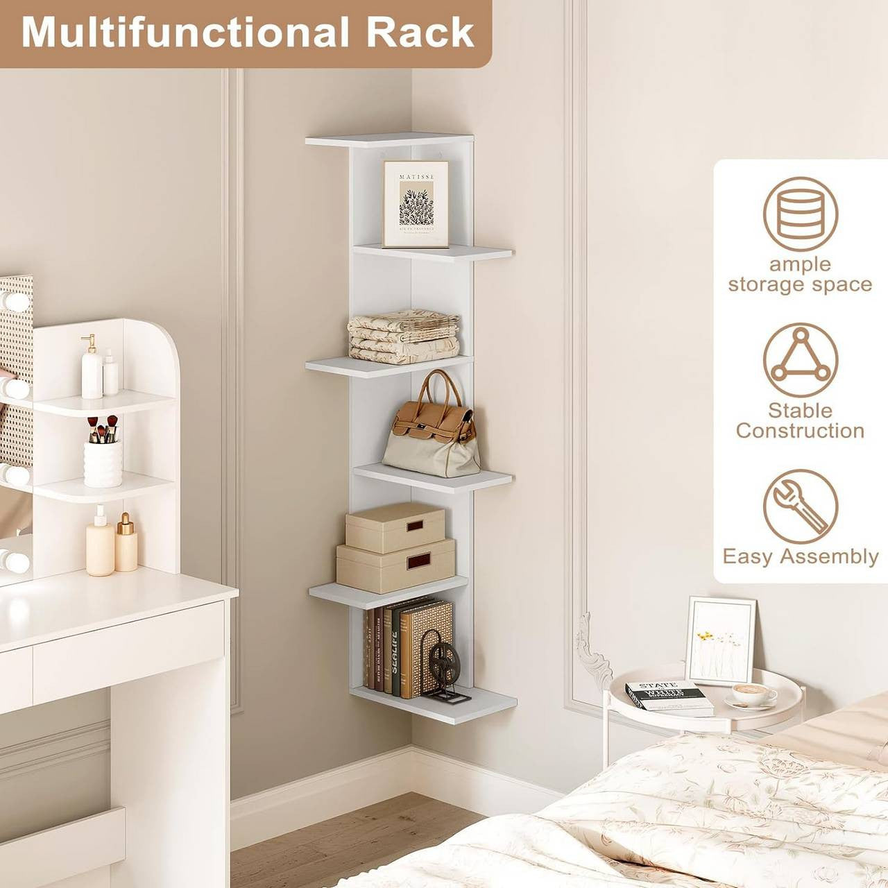 24goodz Corner Shelf 6 Levels - Unique Open Design - Durable Wood Material - White - For Home Use